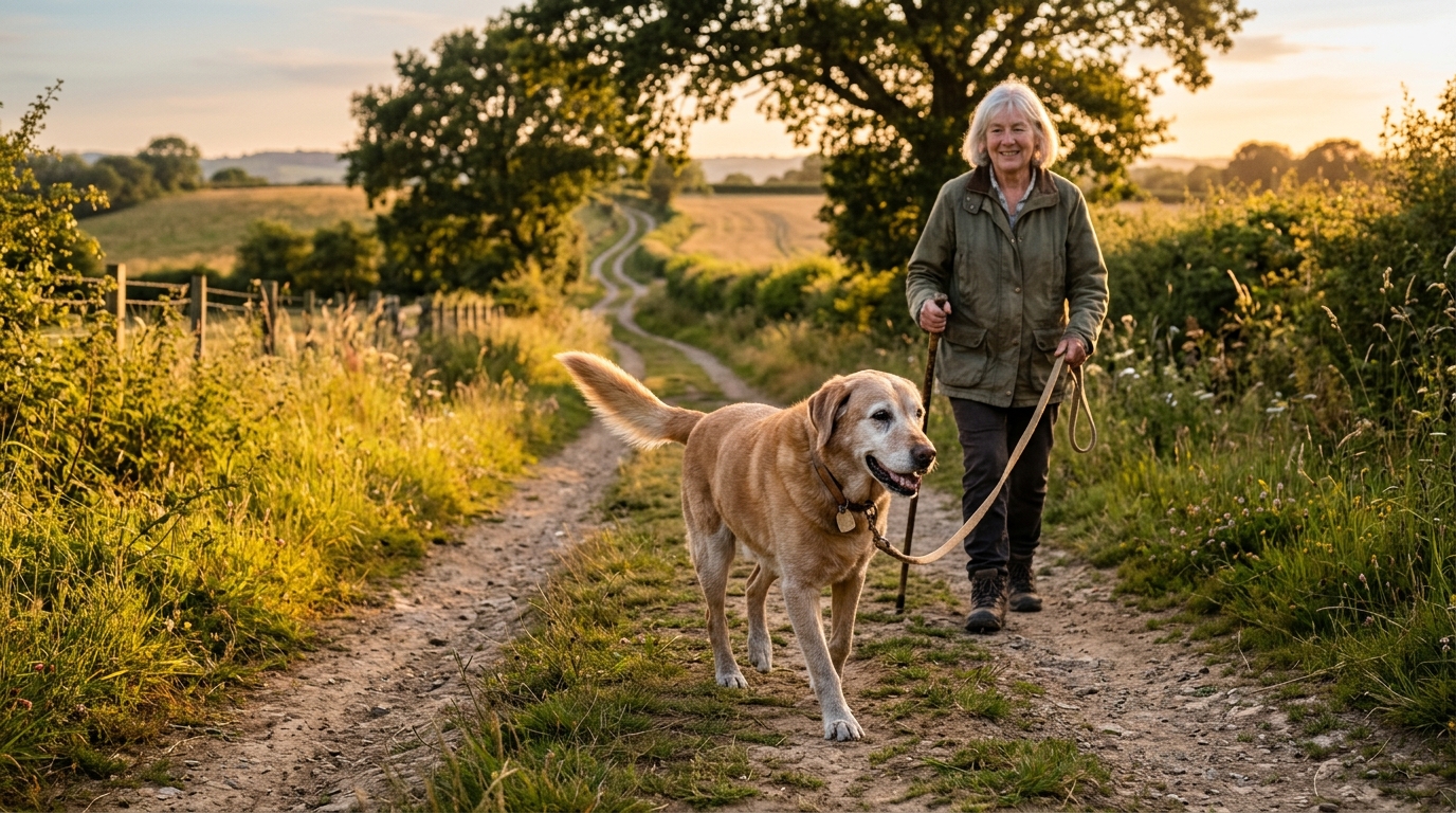 A senior dog walking ahead of their owner on a quiet country path in late afternoon light, tail held high and confident despite their age, golden hour atmosphere