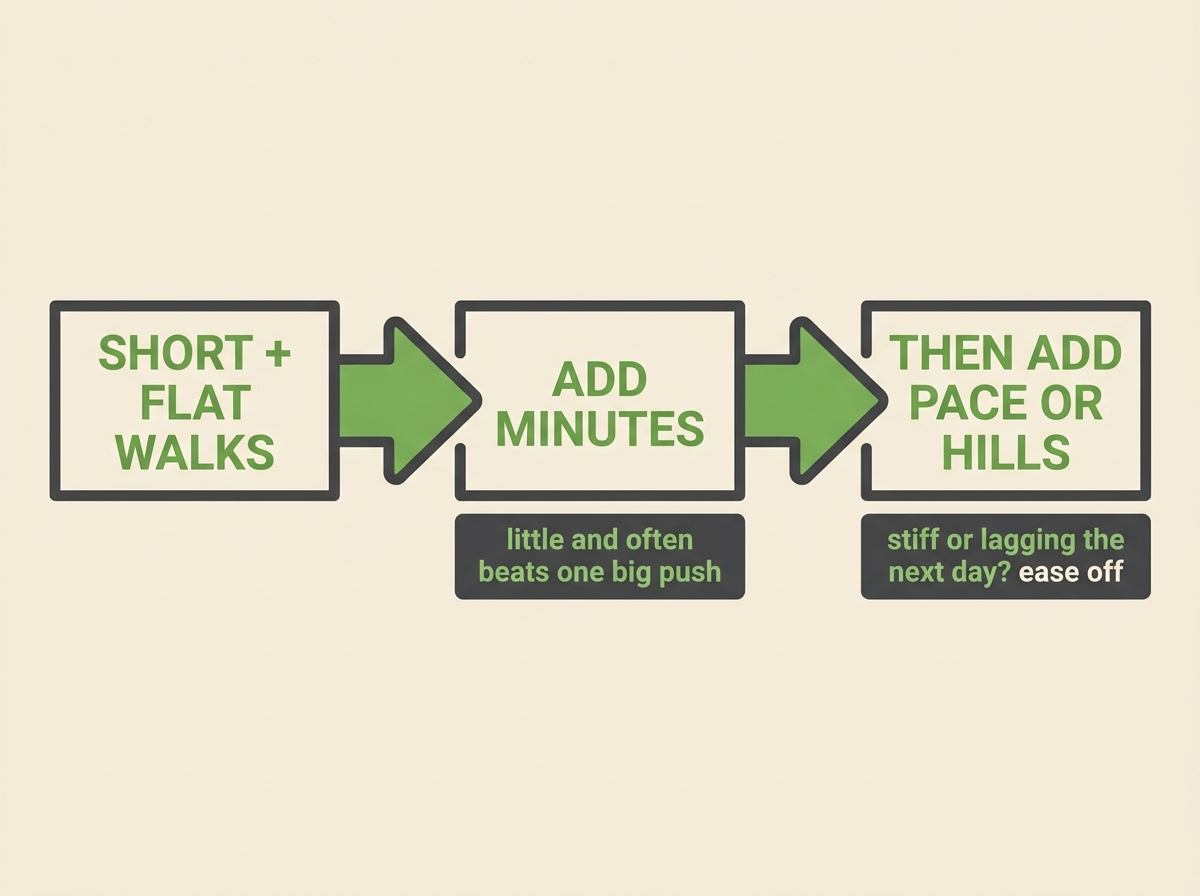A left-to-right progression strip showing short flat walks, then add minutes, then add pace or hills, with a note that little and often beats one big push and a back-off reminder.