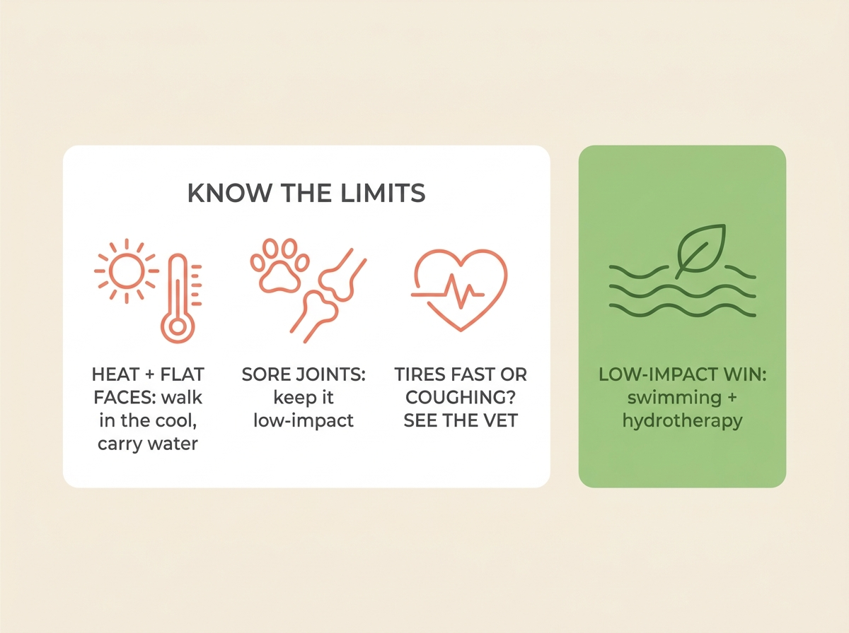 A “know the limits” three-icon card showing heat and flat faces, sore joints and a tiring or coughing heart, beside a leaf-green tile flagging swimming and hydrotherapy as a low-impact win.