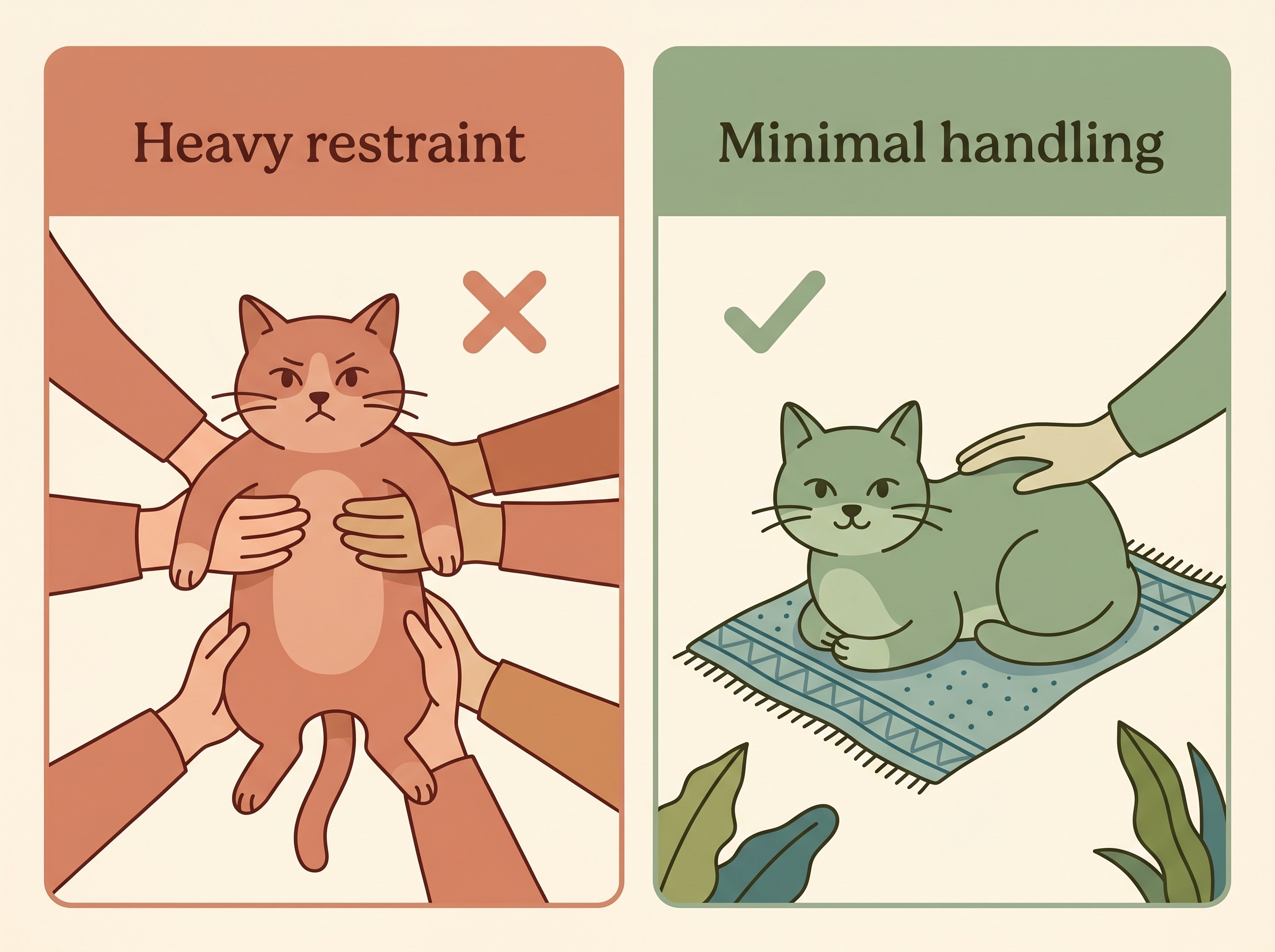A side-by-side comparison showing forceful full-body restraint of a cat next to gentle minimal handling on a non-slip towel
