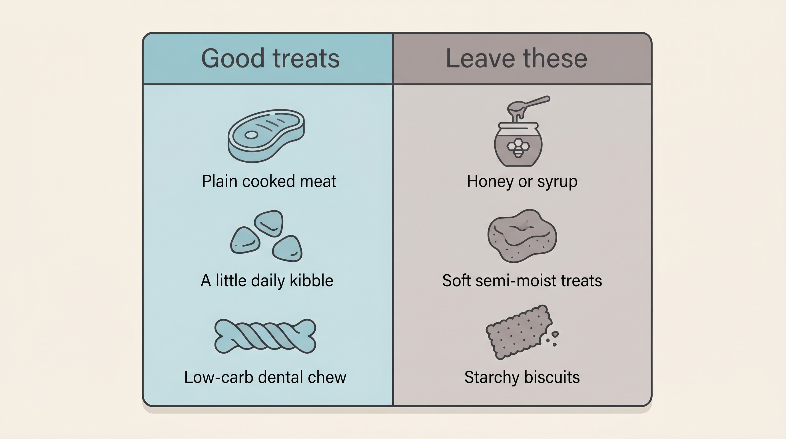 A two-column card. Left, "Good treats": plain cooked meat, a few pieces of the daily kibble, a low-carb dental chew. Right, "Leave these": a honey pot, a soft semi-moist treat, a starchy biscuit.