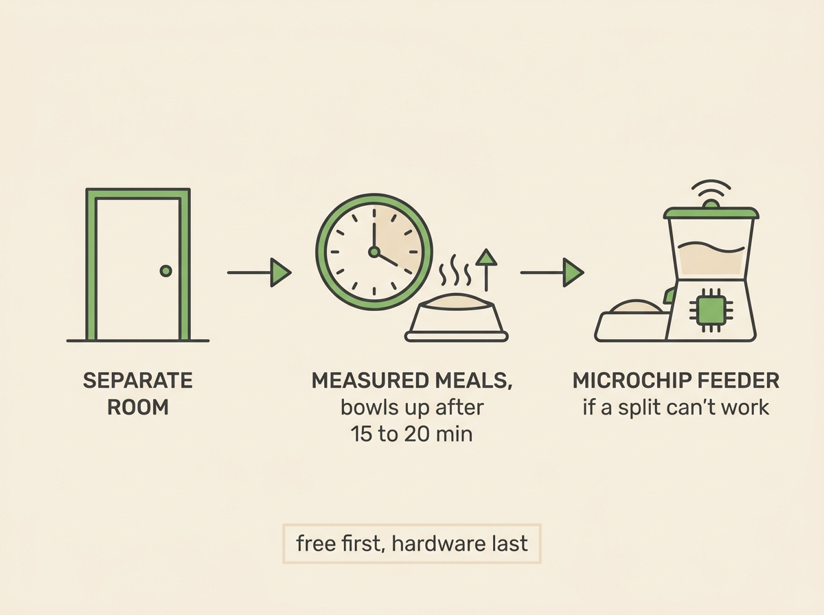 Flat vector left-to-right strip showing "SEPARATE ROOM" (a door icon), then "MEASURED MEALS, bowls up after 15 to 20 min" (a clock and bowl icon), then "MICROCHIP FEEDER if a split can't work" (a chipped feeder icon), with a small aside reading "free first, hardware last".