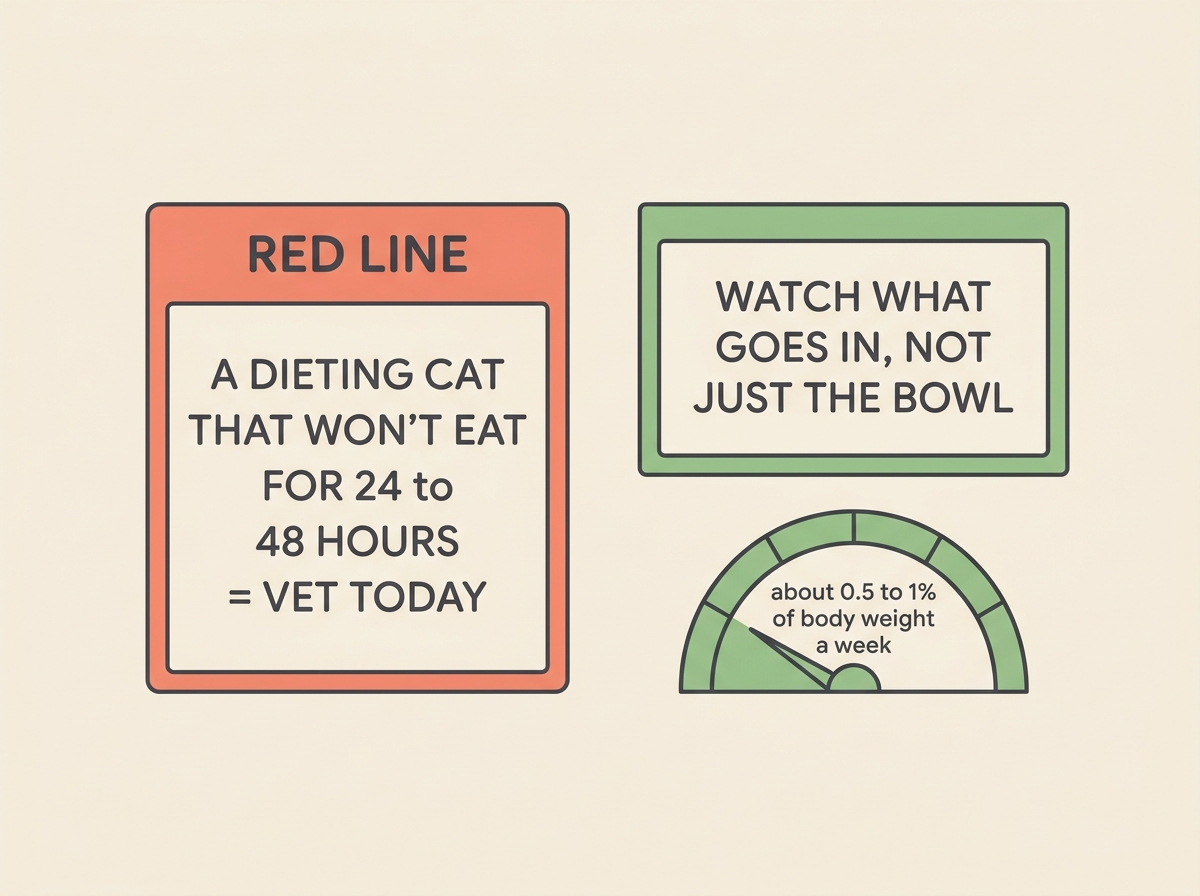A coral-bordered "RED LINE" card on cream reading "A DIETING CAT THAT WON'T EAT FOR 24 to 48 HOURS = VET TODAY", beside a leaf-green note "WATCH WHAT GOES IN, NOT JUST THE BOWL" and a small gauge reading "about 0.5 to 1% of body weight a week".
