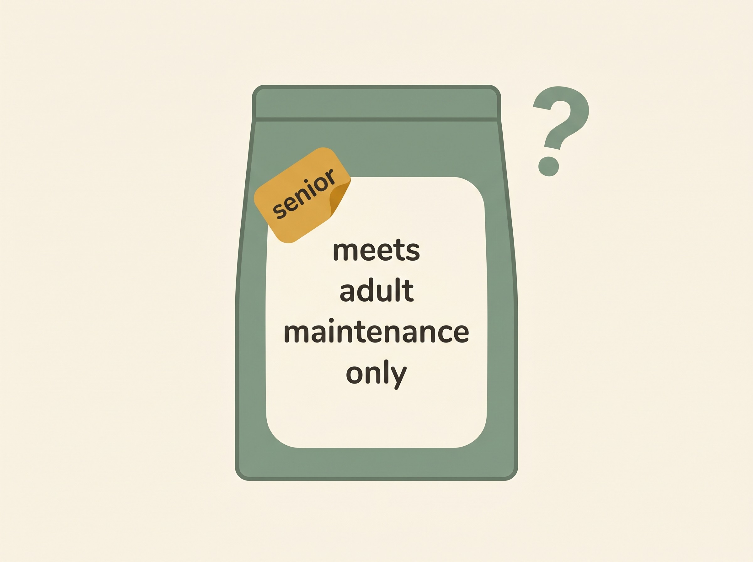 A bag of pet food labelled "senior" with the friendly marketing label peeled back like a sticker to reveal the words "meets adult maintenance only", sitting beside a question mark and a small caption reading "the label is a promise about marketing, not a recipe for your pet".