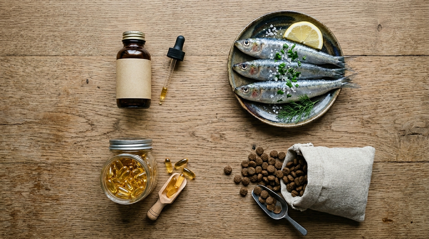 An overhead flat lay of omega-3 sources on a wooden surface: a bottle of fish oil, fresh sardines, fish oil capsules and a small bag of joint-diet kibble, soft natural light