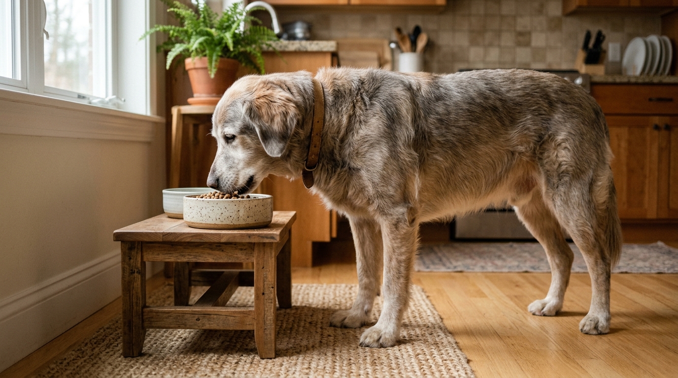 A senior dog eating comfortably from a raised feeding station at chest height, neck in a neutral position, soft kitchen light