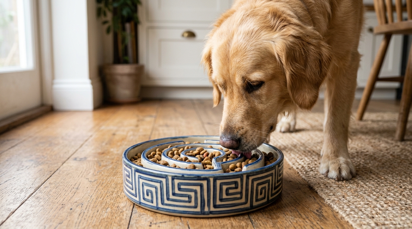 A patterned slow-feeder dog bowl with kibble distributed through its grooves, on a kitchen floor, soft natural light