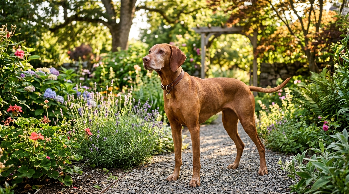 A healthy-looking middle-aged dog with a lean body condition standing alert and engaged in a sunlit garden