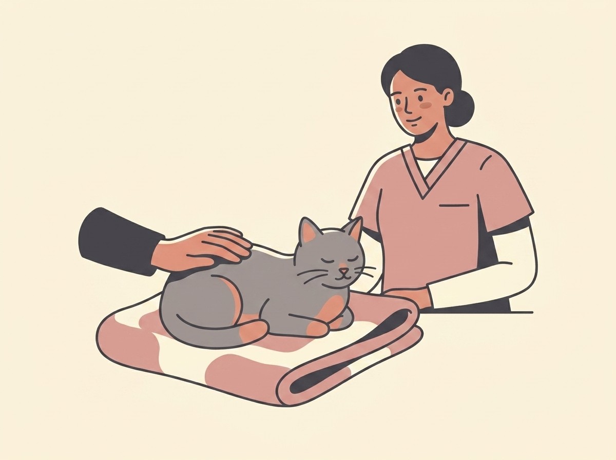 A calm, gentle illustration of a cat resting on a soft blanket beside a quietly present owner's hand, conveying a compassionate decision made together rather than a clinical scene