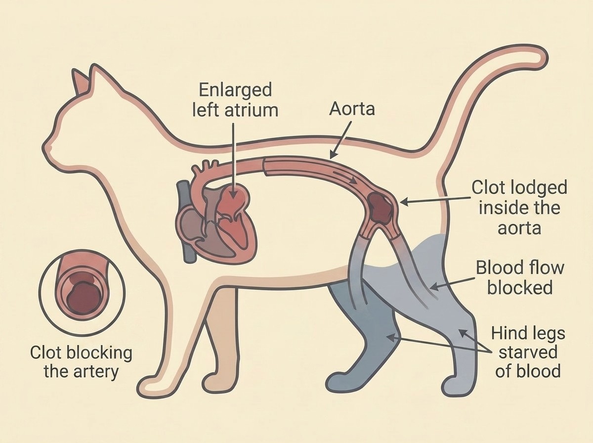 A simple diagram of a cat's body showing the heart with an enlarged left atrium, a clot travelling down the aorta, and lodging at the point where the aorta divides to the two back legs, with the hind limbs shaded to show lost blood supply