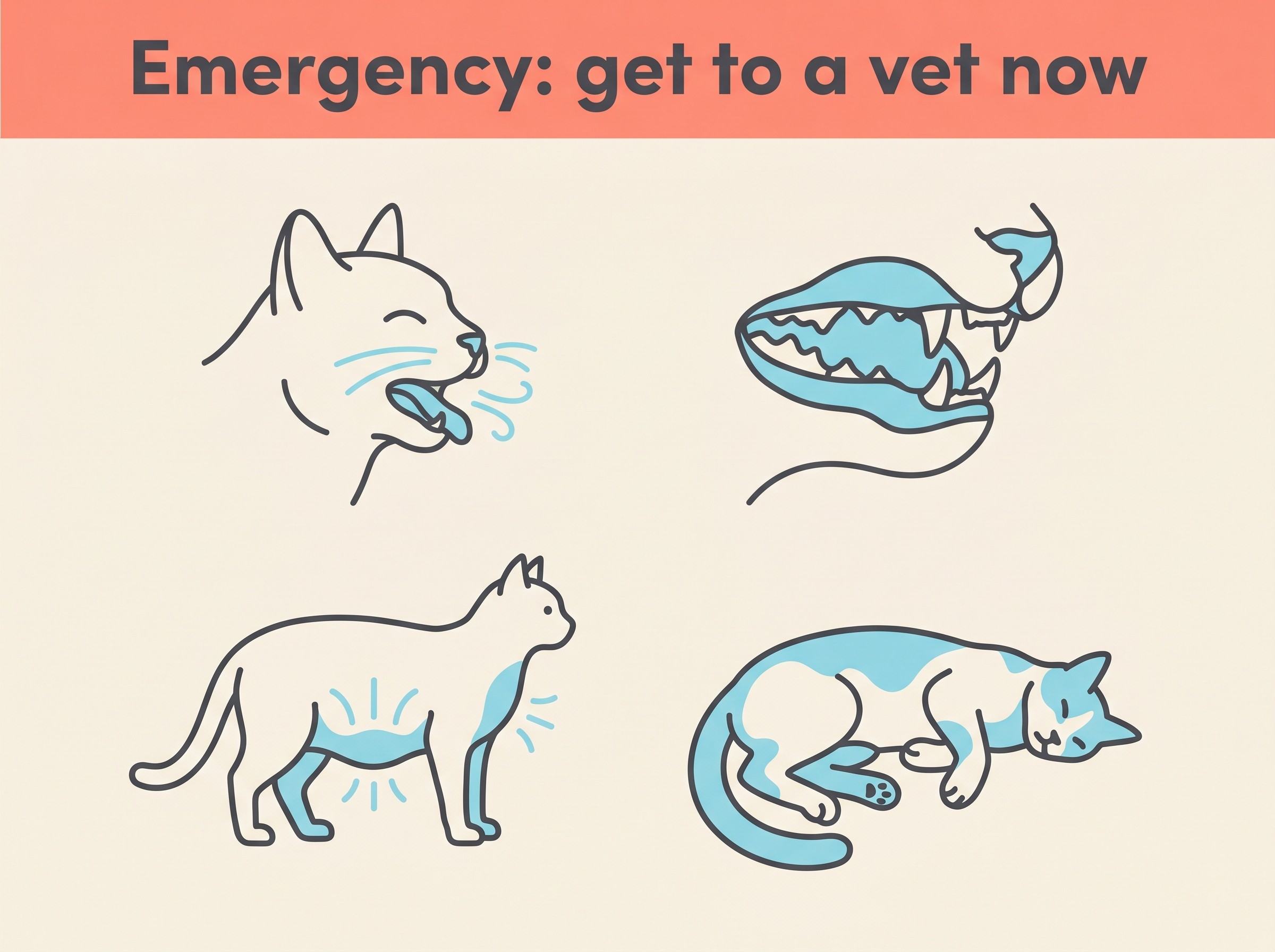 A simple "go now" card on a cream background showing four icons with labels: an open-mouthed cat, blue-grey gums, a cat with the belly heaving, and a collapsed cat, under the heading "Emergency: get to a vet now"