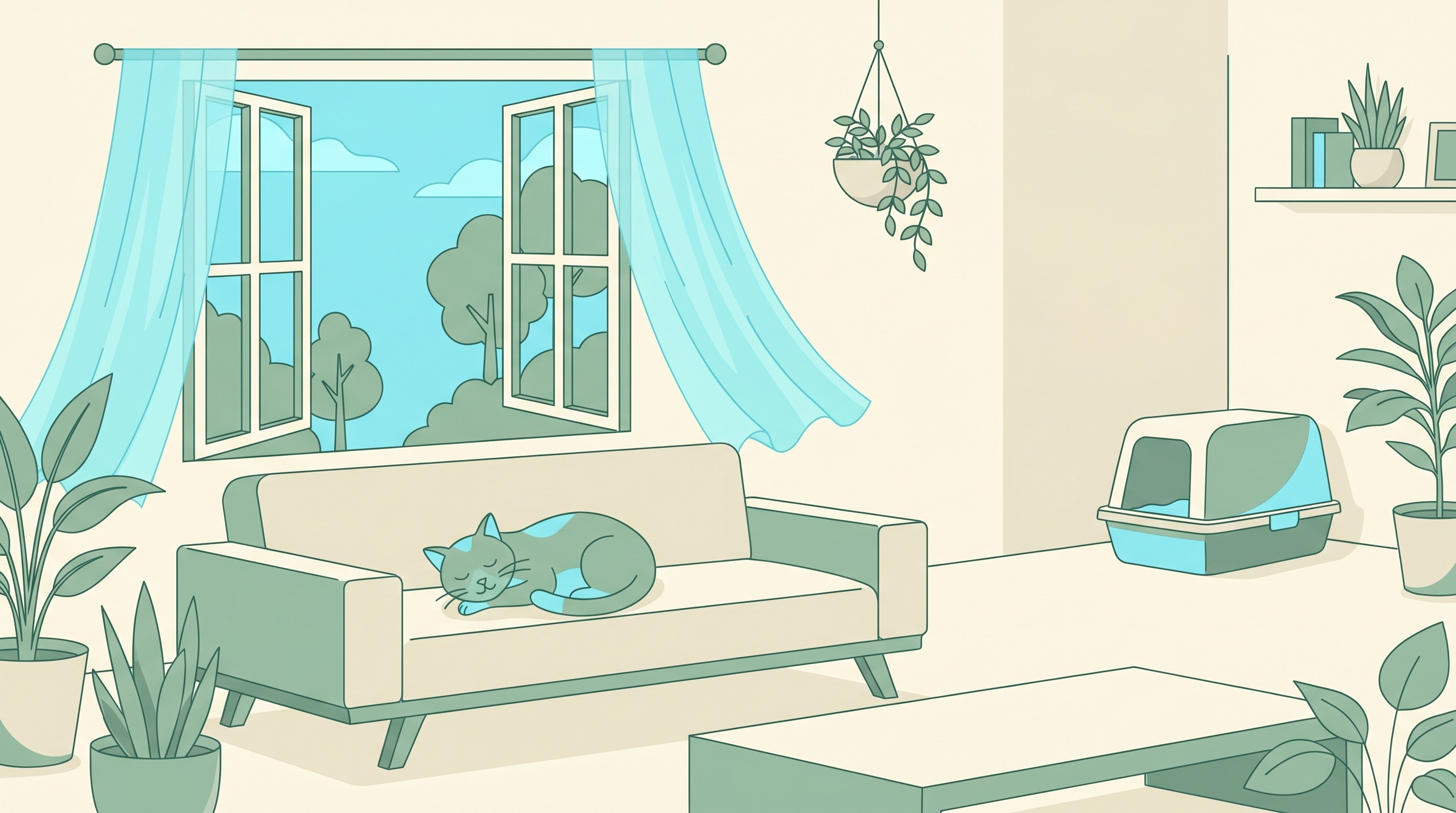 A cat resting calmly in a bright, clean, smoke-free living room with a low-dust litter tray nearby, drawn in a warm flat-vector style on a cream background