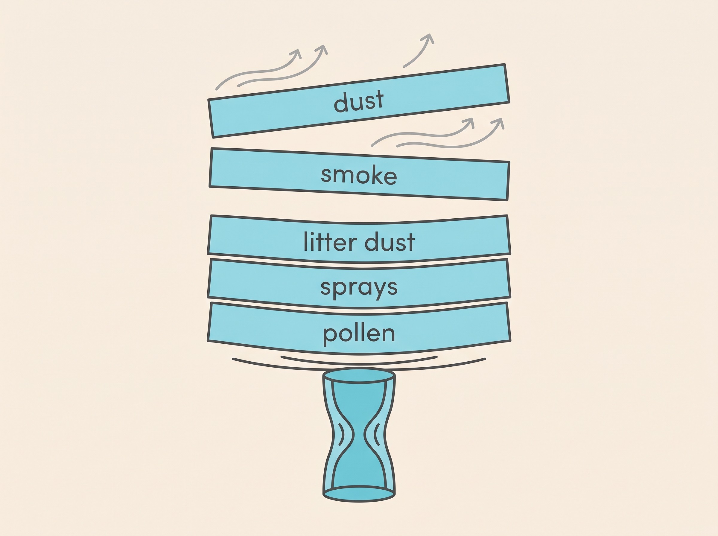 A simple stack of stylised layers labelled dust, smoke, litter dust, sprays and pollen building up to a cat's narrowed airway, with the top layers being lifted away, on a cream background