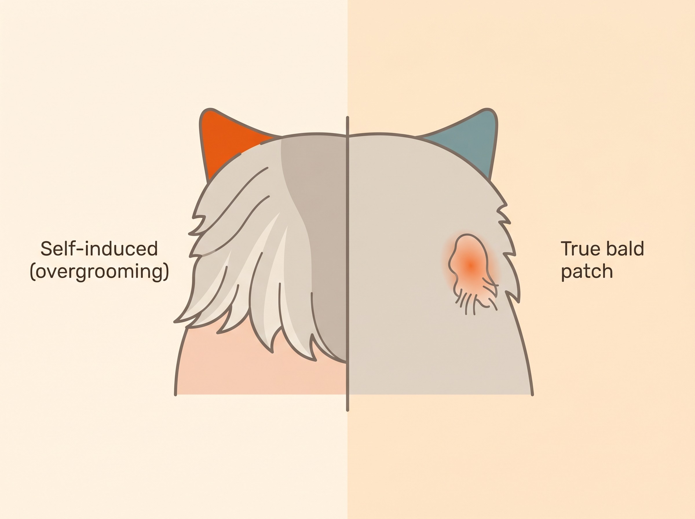 Left: a symmetrically thinned, barbered coat with healthy-looking skin (self-induced from overgrooming). Right: a red, inflamed true bald patch (a primary skin lesion)