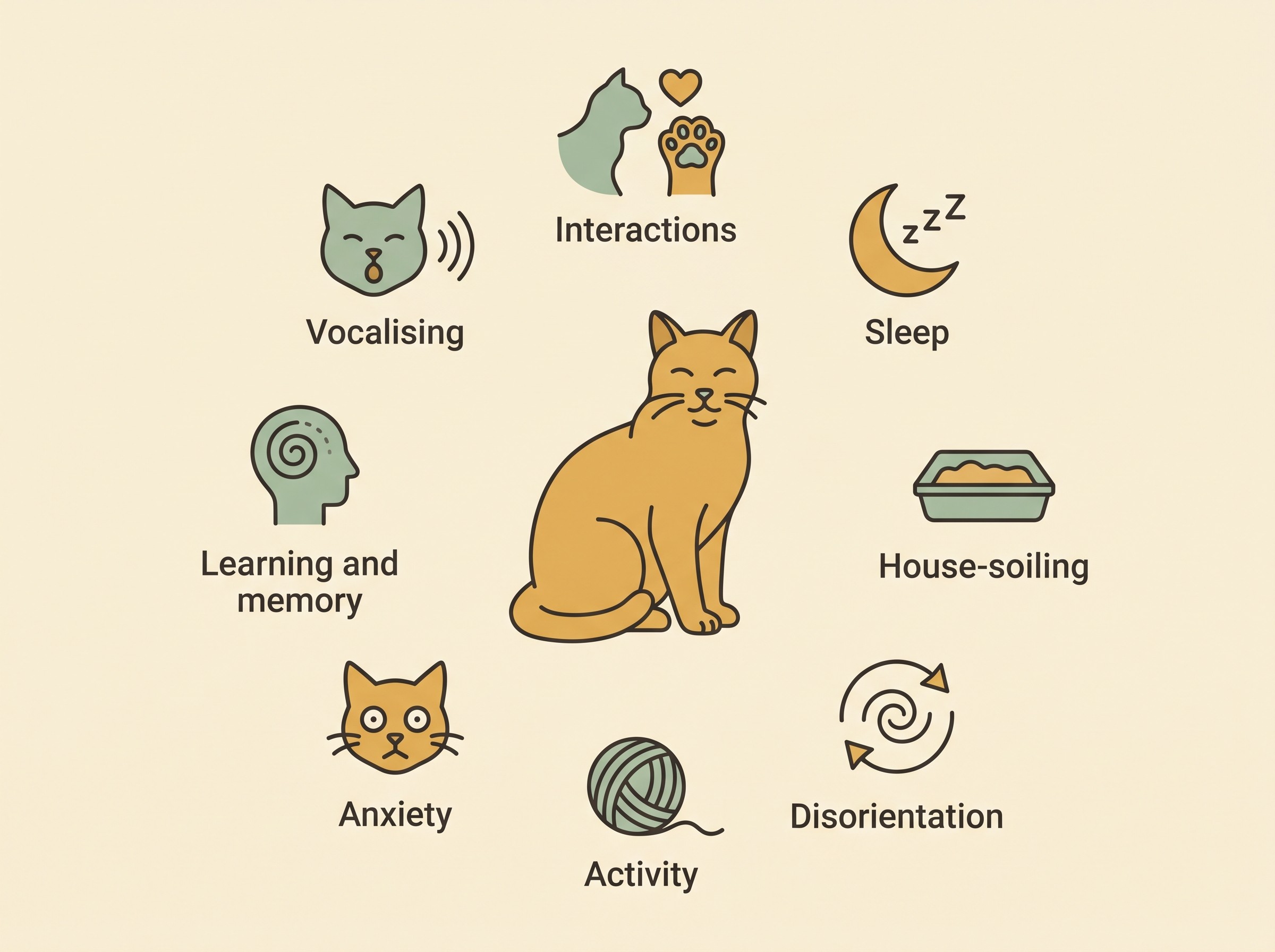 Flat-vector panel of eight feline cognitive signs arranged around a calm older cat, each labelled: "Vocalising", "Interactions", "Sleep", "House-soiling", "Disorientation", "Activity", "Anxiety", "Learning and memory", on an oat-cream field in sage and honey tones.