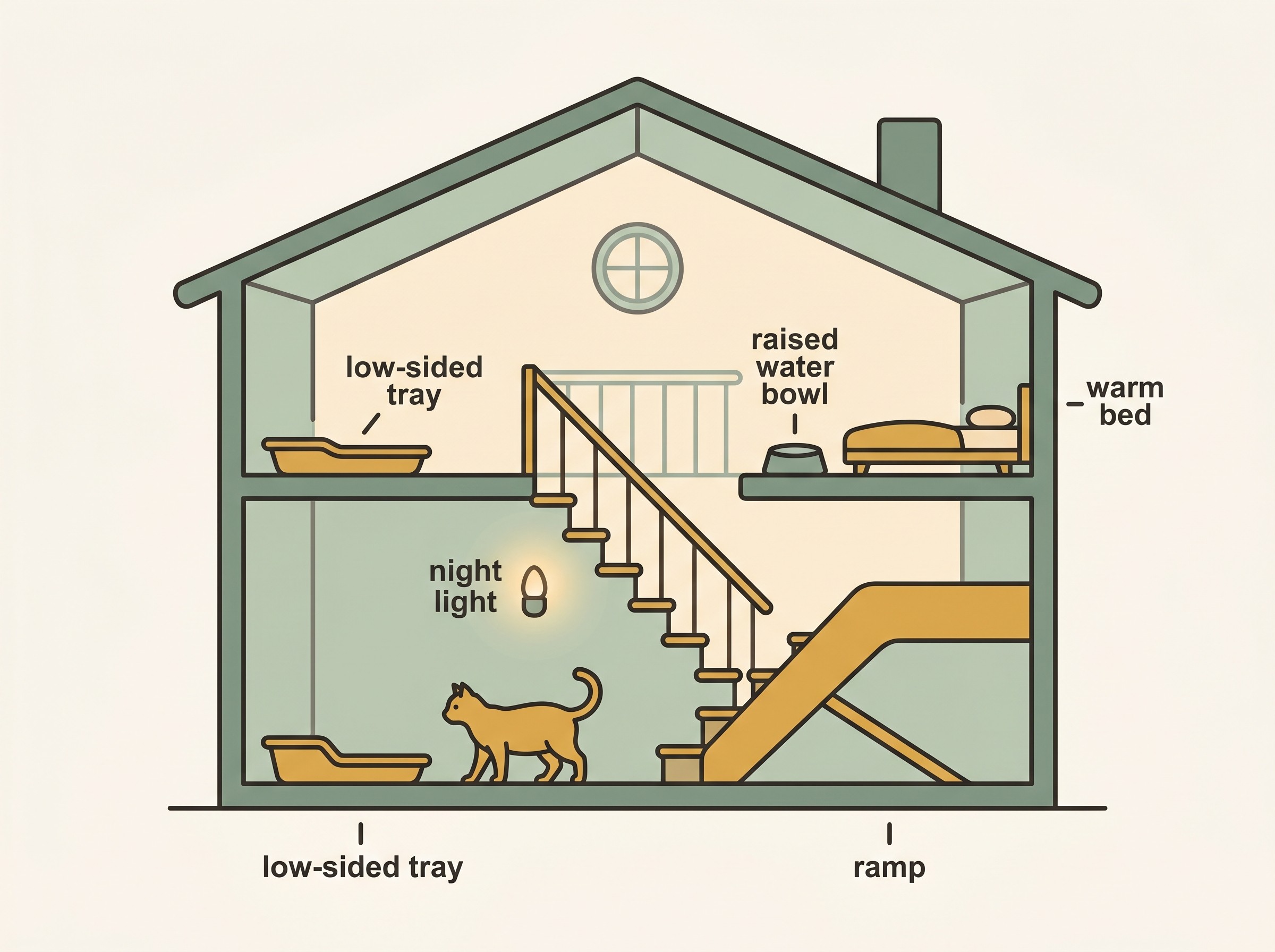 Flat-vector cutaway of a home with a confused older cat, showing low-sided litter trays on two floors, a night light by the stairs, a raised water bowl, a warm bed, and a ramp, each labelled, in sage and honey on oat-cream.