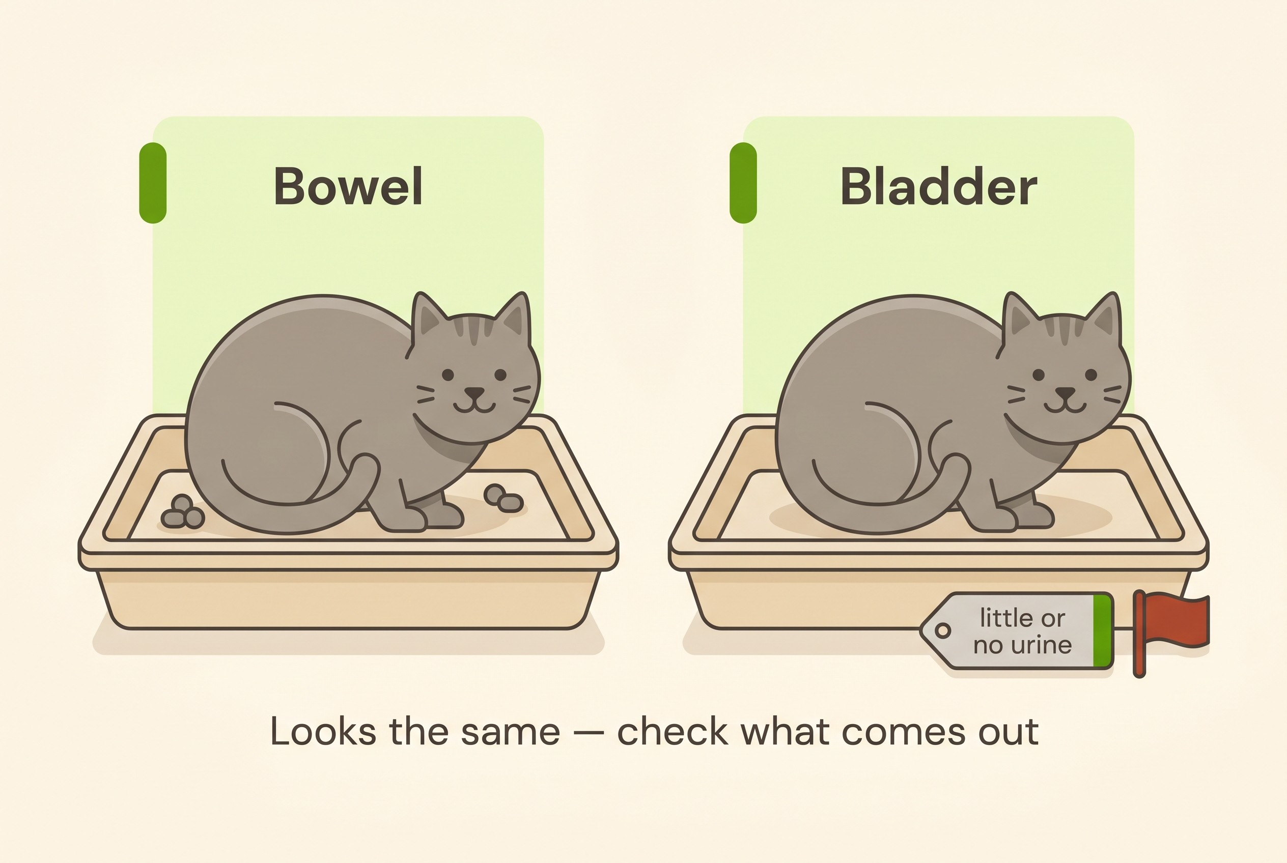 Two crouching cats in litter trays compared, one labelled bowel with small hard faeces, one labelled bladder with little or no urine and a red emergency flag