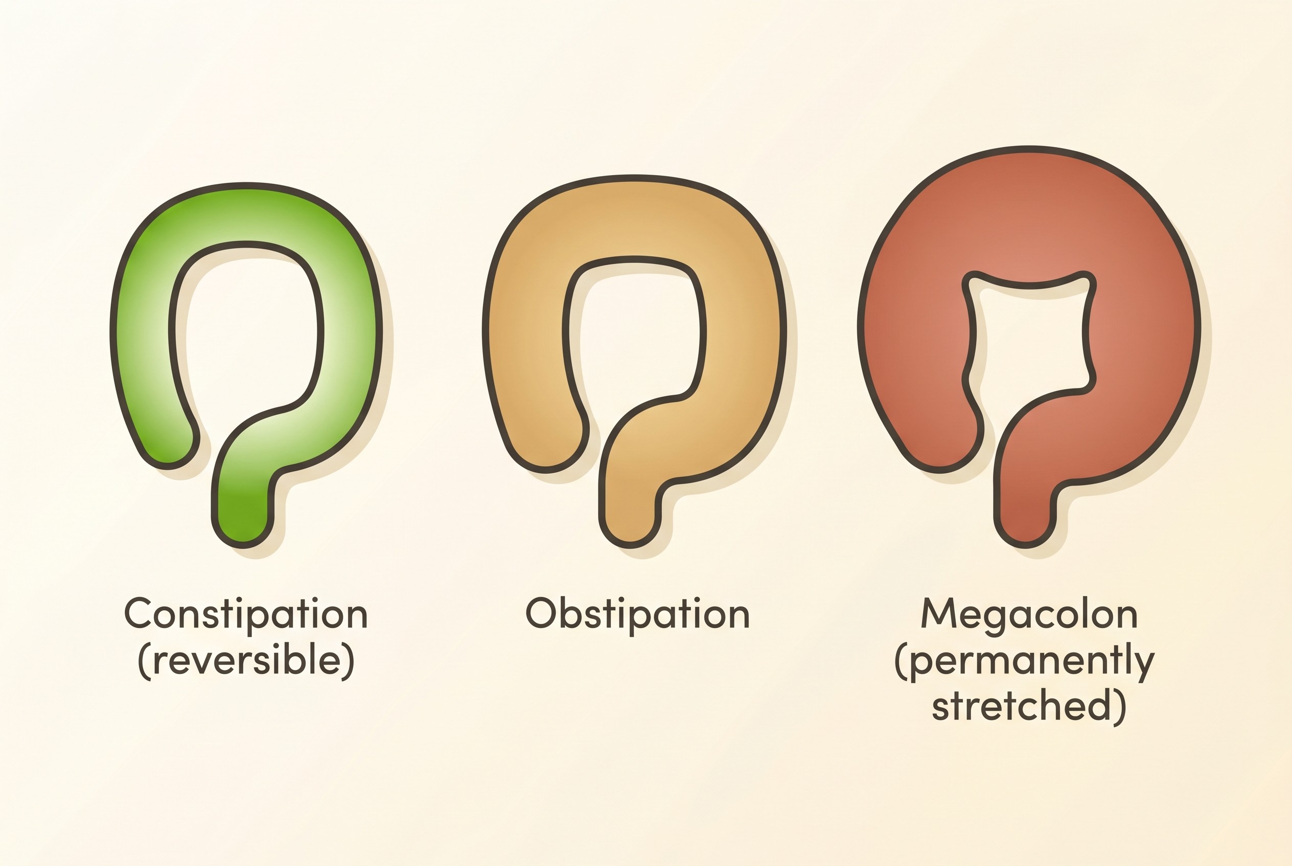 Three stages of a cat's colon from a slim normal colon labelled reversible constipation, to a moderately full colon labelled obstipation, to a hugely ballooned colon labelled permanently stretched megacolon