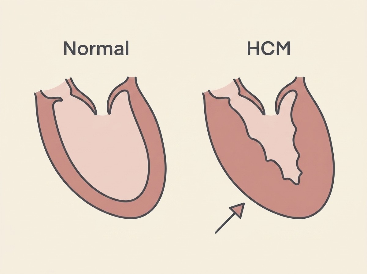 A simple two-panel cross-section comparing a normal cat heart and an HCM heart. The left panel shows a normal left ventricle with thin walls and a roomy chamber. The right panel shows the same ventricle with a thickened muscular wall and a small, cramped chamber that cannot fill fully.