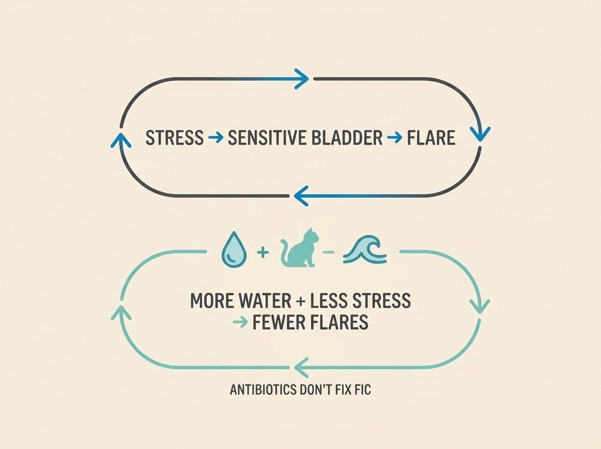 Loop diagram showing stress leading to a sensitive bladder leading to a flare, with a counter-loop of more water plus less stress leading to fewer flares