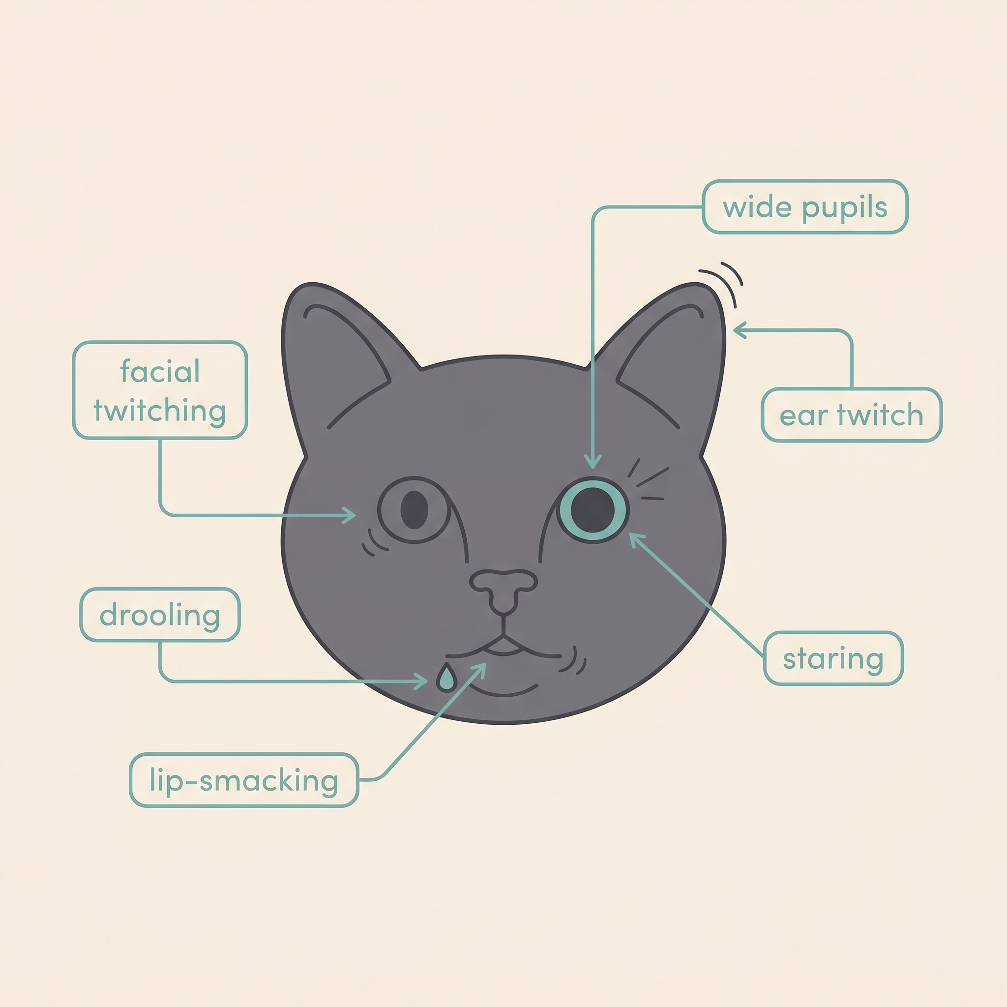 A flat illustration on a cream background of a cat showing focal seizure signs, with small labelled call-outs around it reading "facial twitching", "drooling", "lip-smacking", "wide pupils", "ear twitch" and "staring", soft charcoal and teal palette