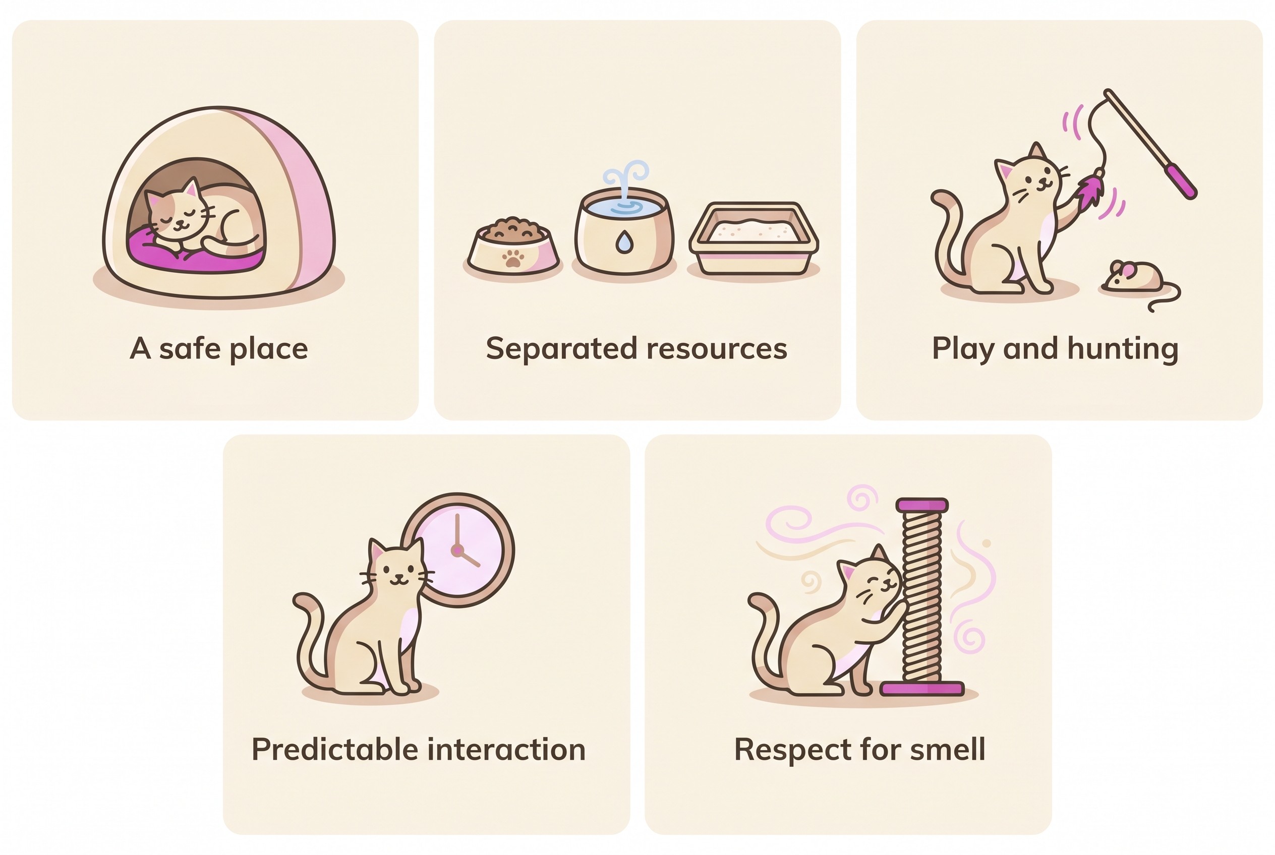 A flat icon grid showing the five pillars of a healthy feline environment, a safe place, separated resources, play and hunting, predictable interaction and respect for smell
