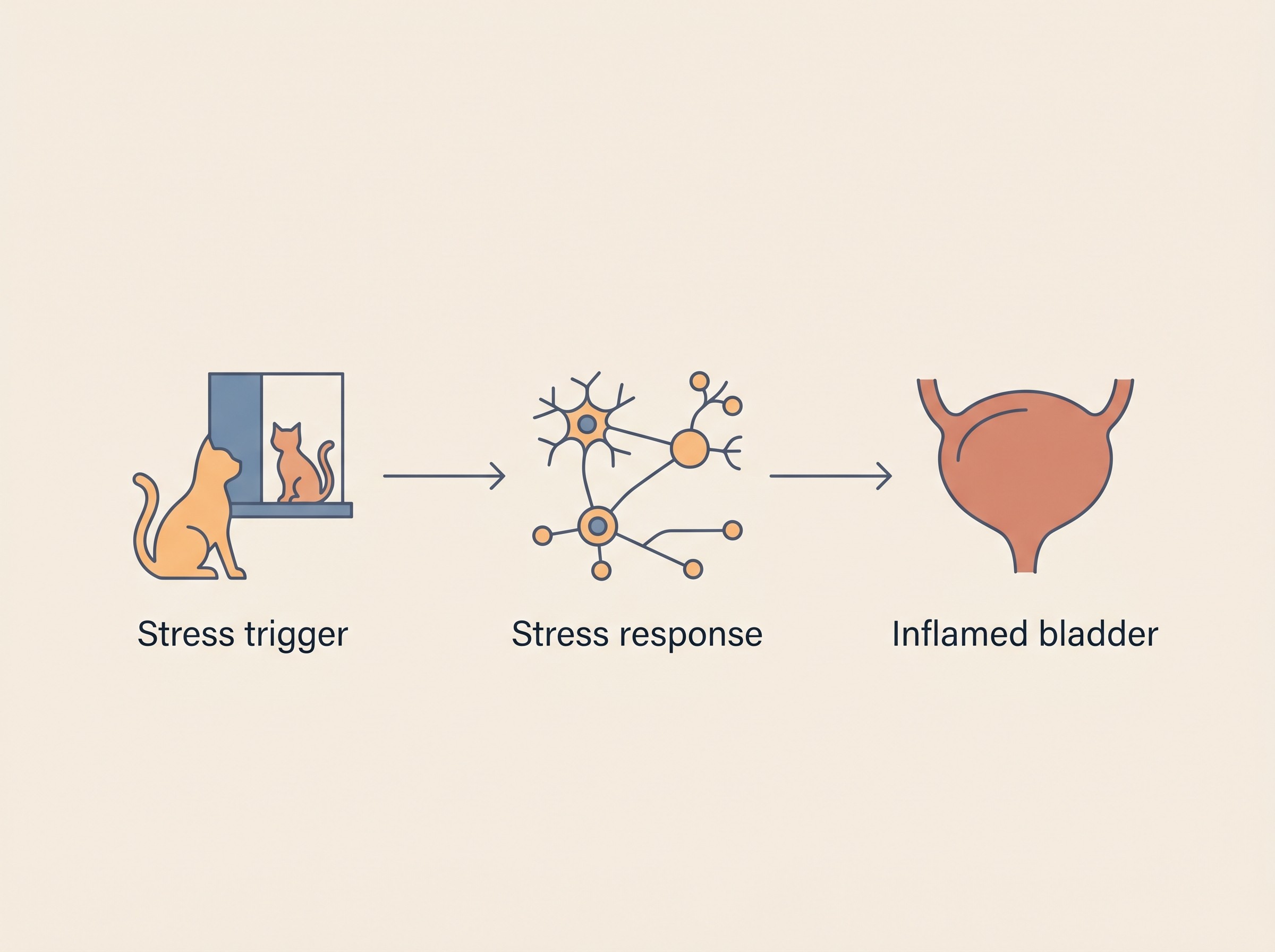 A flat illustration showing a stress trigger such as a new cat leading through the cat's nervous system to bladder inflammation