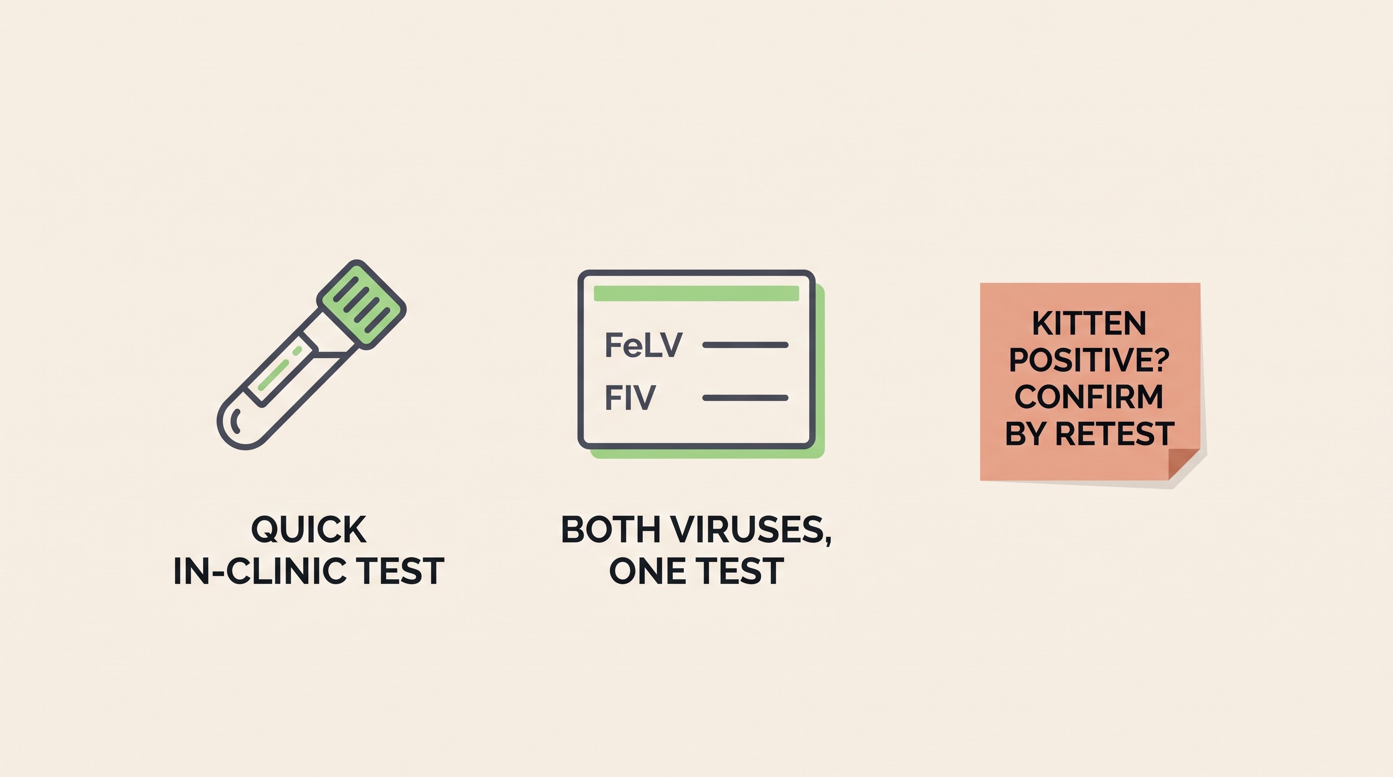 A clear flat-vector graphic of a simple in-clinic blood test for FeLV and FIV, showing a small sample, a same-day result card, and a note that a young kitten's positive result should be confirmed by retesting, on a cream background.