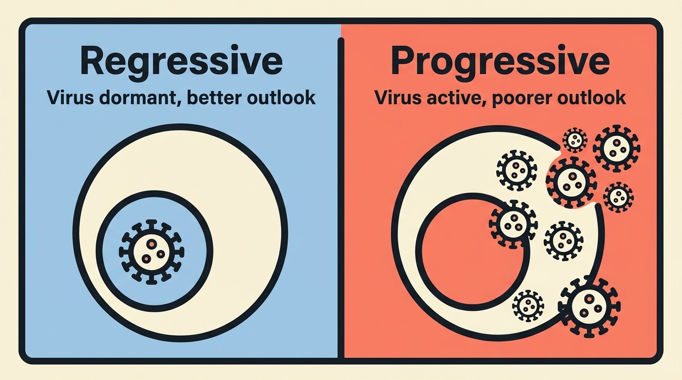 A simple two-panel comparison: on the left, regressive FeLV with the virus shown dormant inside a cell and a calmer, longer outlook; on the right, progressive FeLV with the virus actively replicating and a shorter, more guarded outlook.