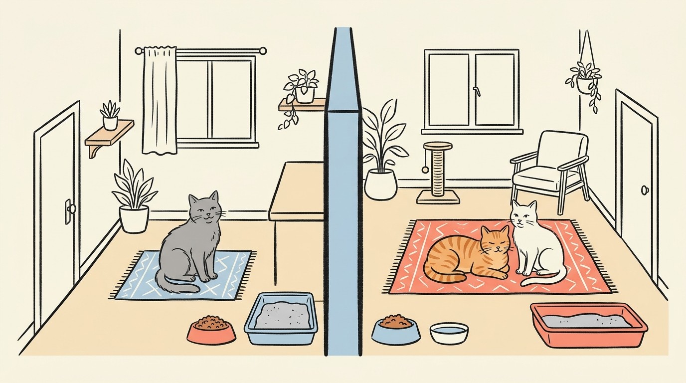 A home layout showing an FeLV-positive cat in one room with its own bowls and litter tray, a separate area for the FeLV-negative cats, and a vaccination reminder for the negative cats.