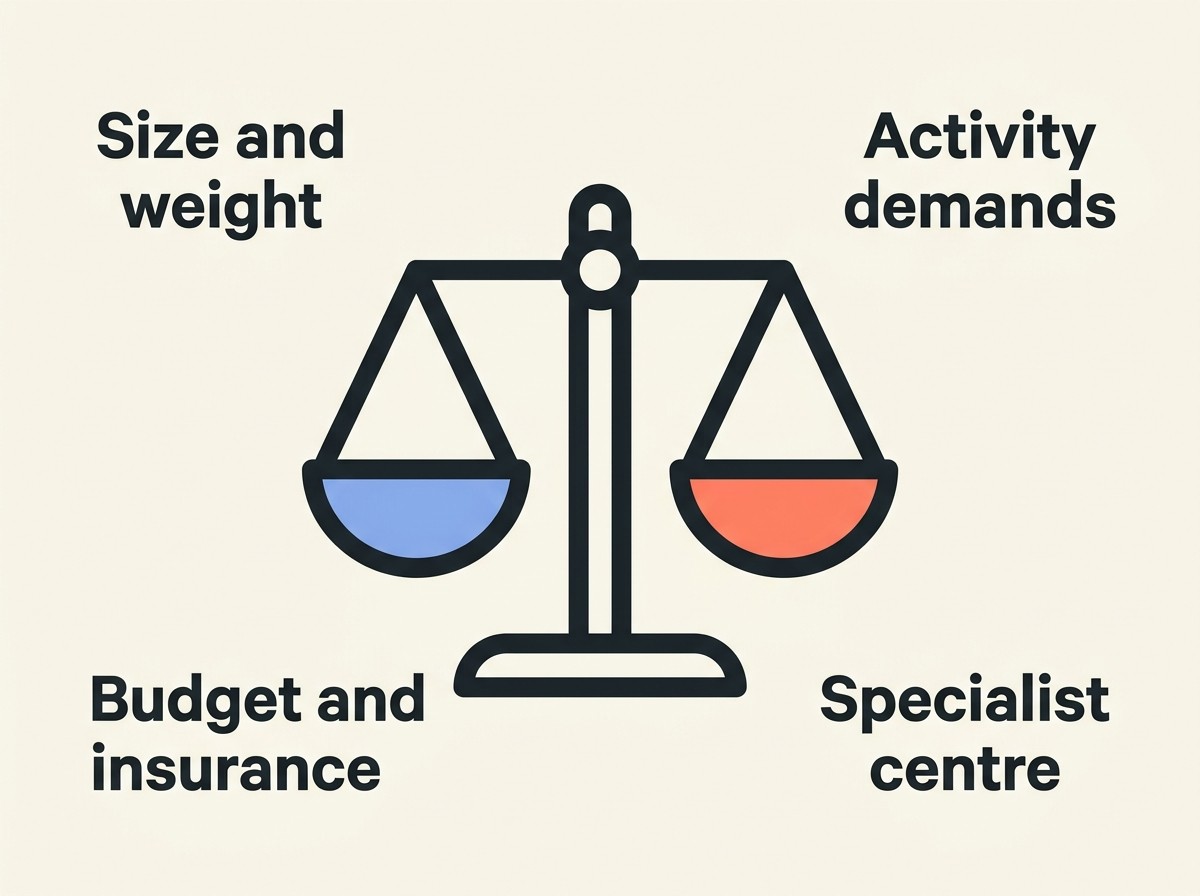 A simple set of balance scales weighing the main decision factors against each other: the dog's size and weight, its activity demands, the owner's budget and insurance, and access to a specialist surgical centre.