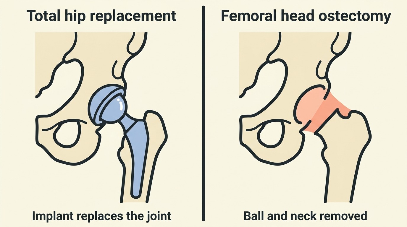 Side-by-side comparison showing a total hip replacement with a metal ball-and-socket prosthesis seated in the joint on the left, and a femoral head ostectomy on the right where the femoral head has been removed and a fibrous false joint has formed.