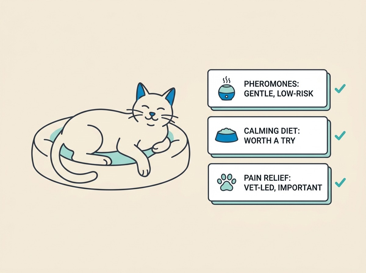 Flat vector illustration on a cream background, a calm cat resting on a soft bed beside three simple cards reading "PHEROMONES: GENTLE, LOW-RISK", "CALMING DIET: WORTH A TRY", "PAIN RELIEF: VET-LED, IMPORTANT", with small aqua tick marks.