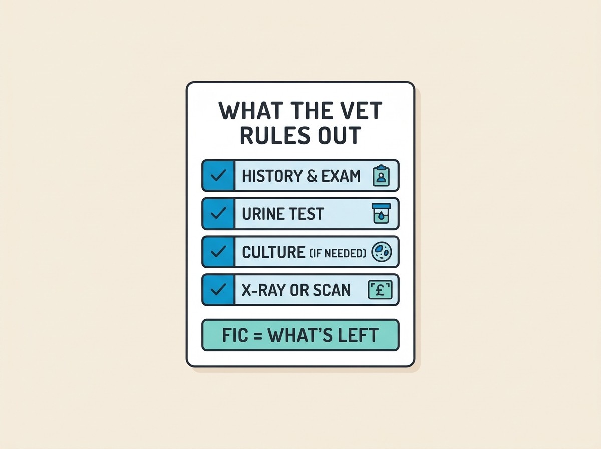 A checklist card titled "what the vet rules out" listing history and exam, urine test, culture and x-ray, with FIC ticked at the bottom as "what's left"