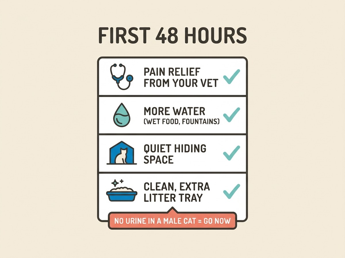 A simple four-icon checklist card for the first 48 hours of a flare: pain relief from your vet, more water, a quiet hiding space, and a clean extra litter tray, with a small coral warning tab.