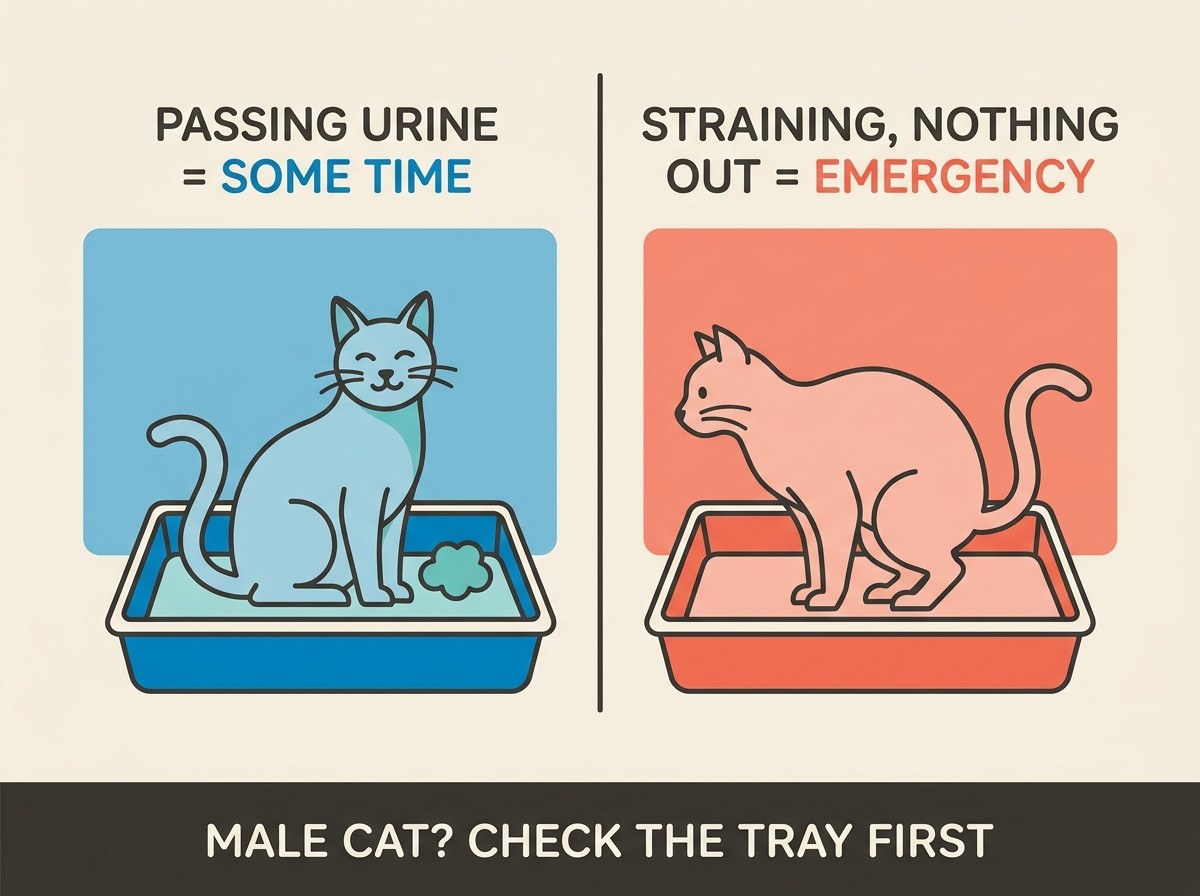 A clear two-way card. One side: a cat passing a normal clump of urine, labelled in calm water-blue. Other side: a male cat straining with no output, labelled in coral.