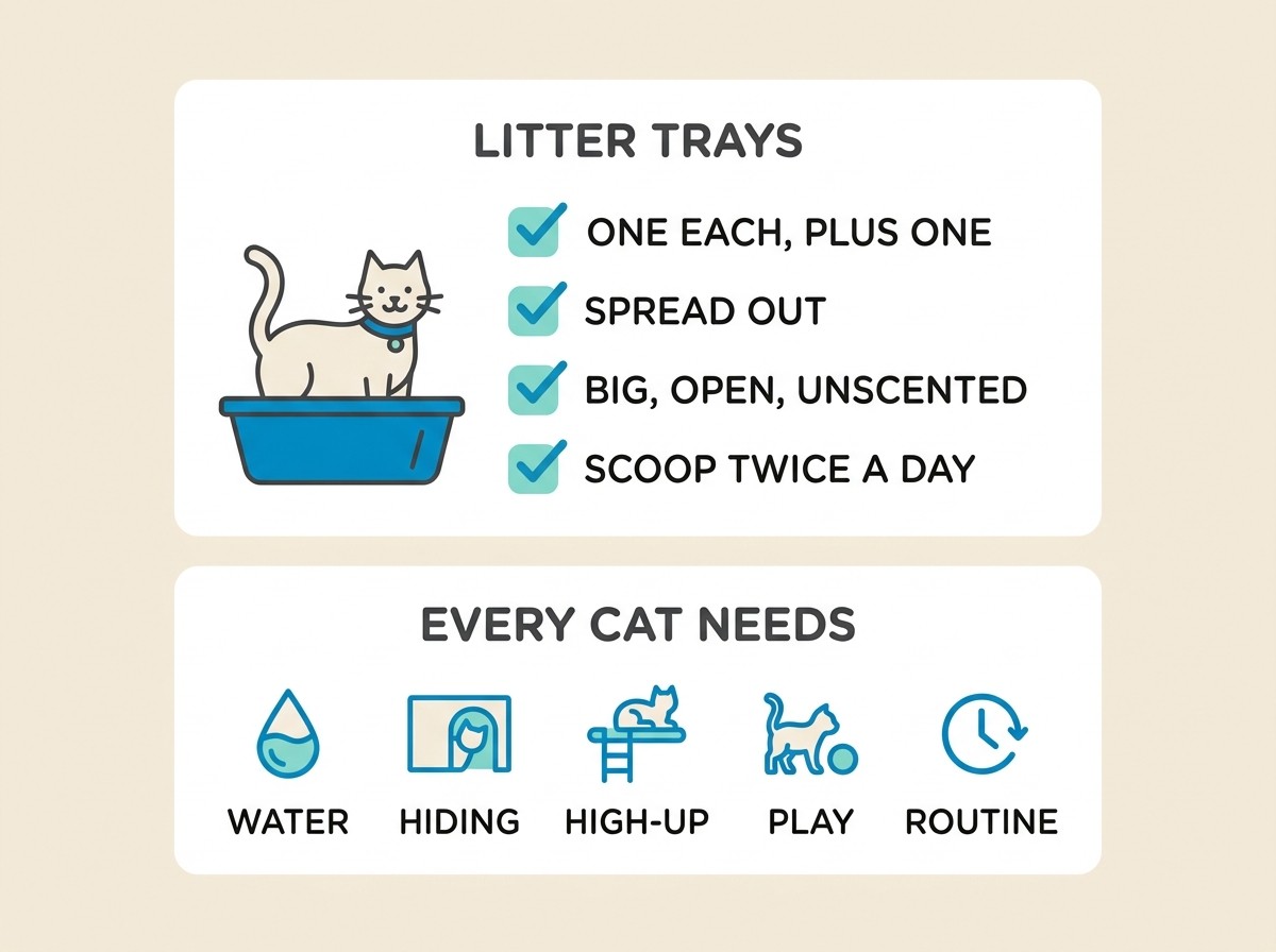 A MEMO checklist card listing litter-tray rules and the resources every cat needs