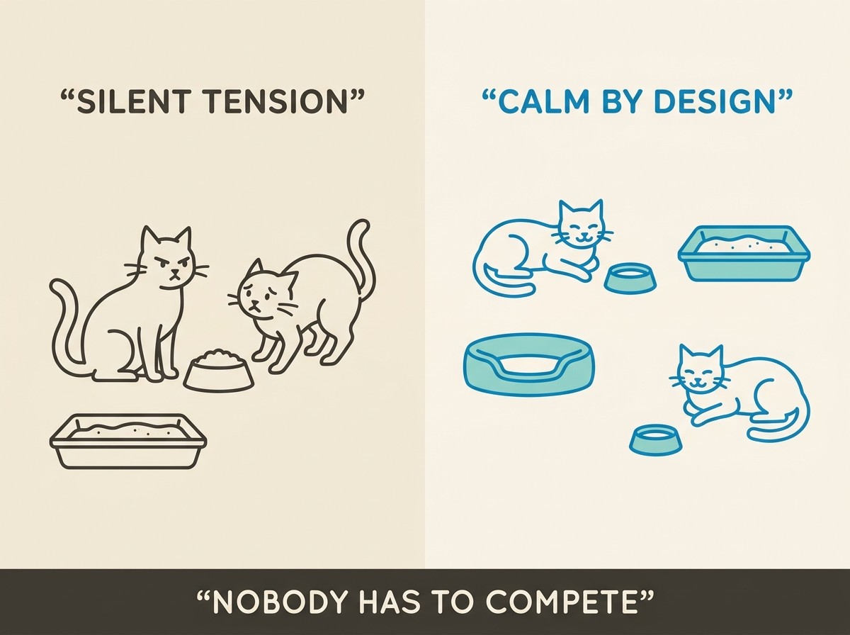A two-panel card. Left, labelled “Silent tension”, shows one cat staring while another shrinks back near a single shared bowl. Right, labelled “Calm by design”, shows the same cats relaxed with separate bowls, beds and trays spread apart