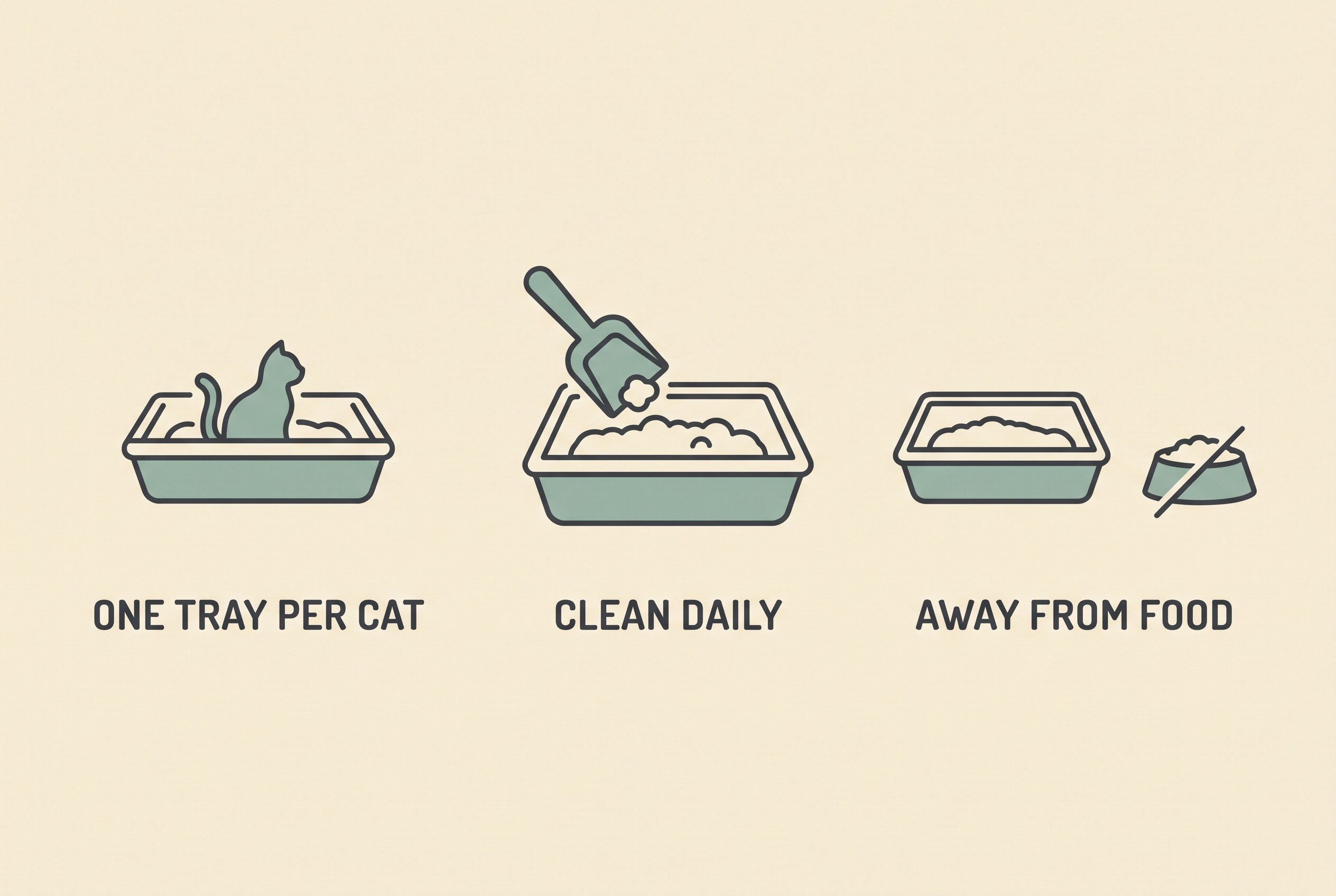 A simple icon strip on cream showing three small litter-tray hygiene steps: one tray per cat, a scoop for daily cleaning, and trays kept away from food bowls.