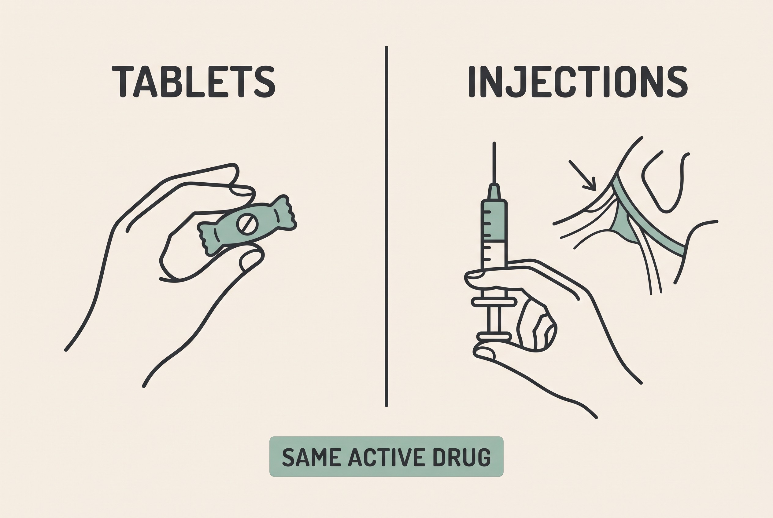 A gentle two-column card on cream comparing a tablet routine and an injection routine, each with a small hand icon, no needle touching an animal