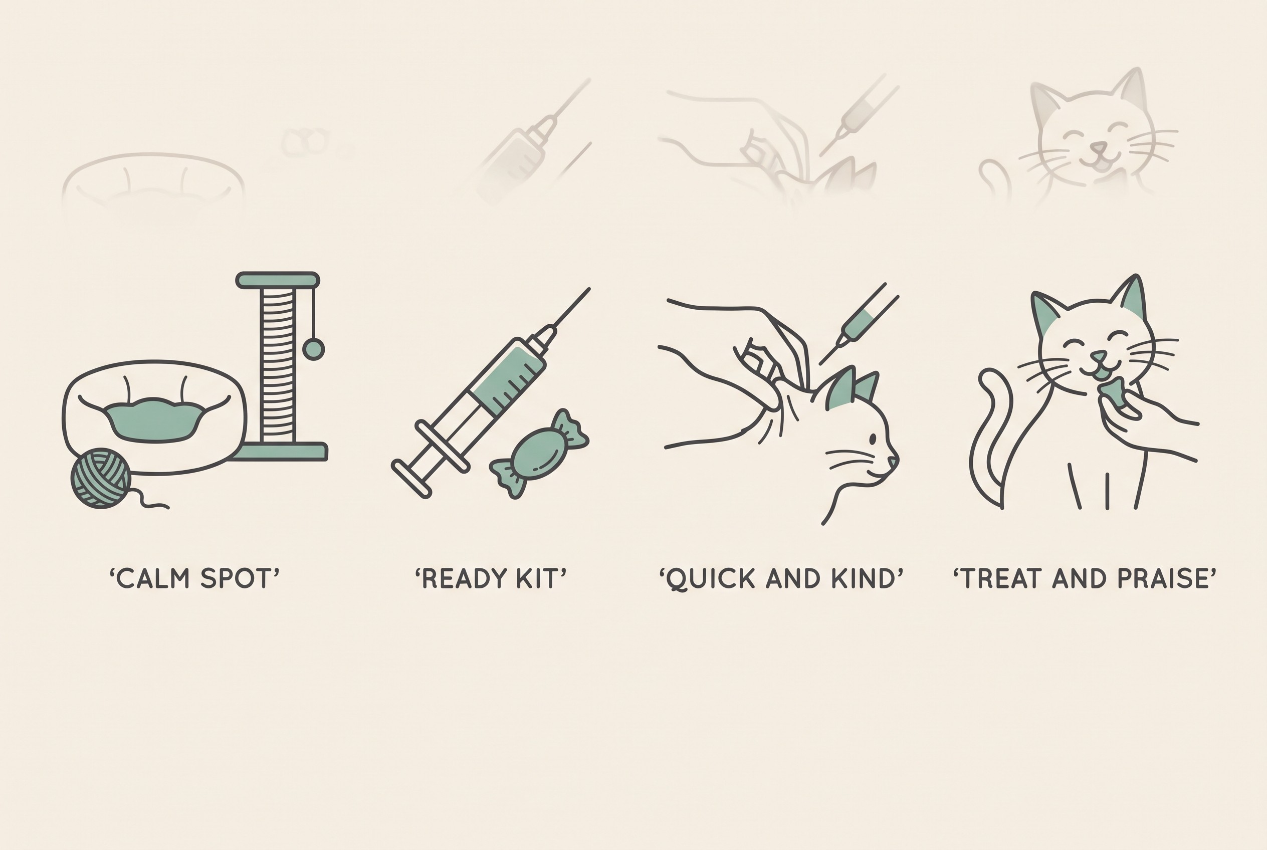 A simple four-step icon strip on cream: a warm room symbol, a prepared syringe and treat, a hand tenting scruff skin, and a happy cat with a treat, labelled "CALM SPOT / READY KIT / QUICK AND KIND / TREAT AND PRAISE".