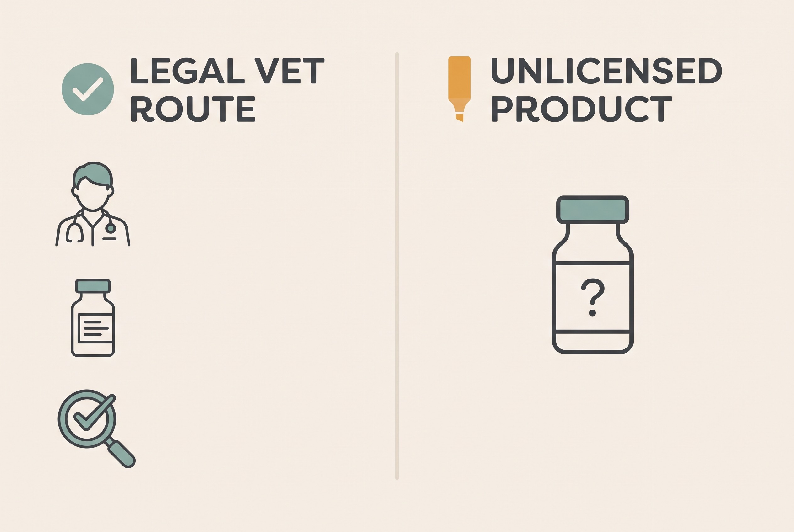 A simple two-column comparison card on cream, calm not alarmist: one side labelled the legal vet route with a checkmark, the other the unregulated route noted plainly, in soft charcoal with a single restrained amber marker.