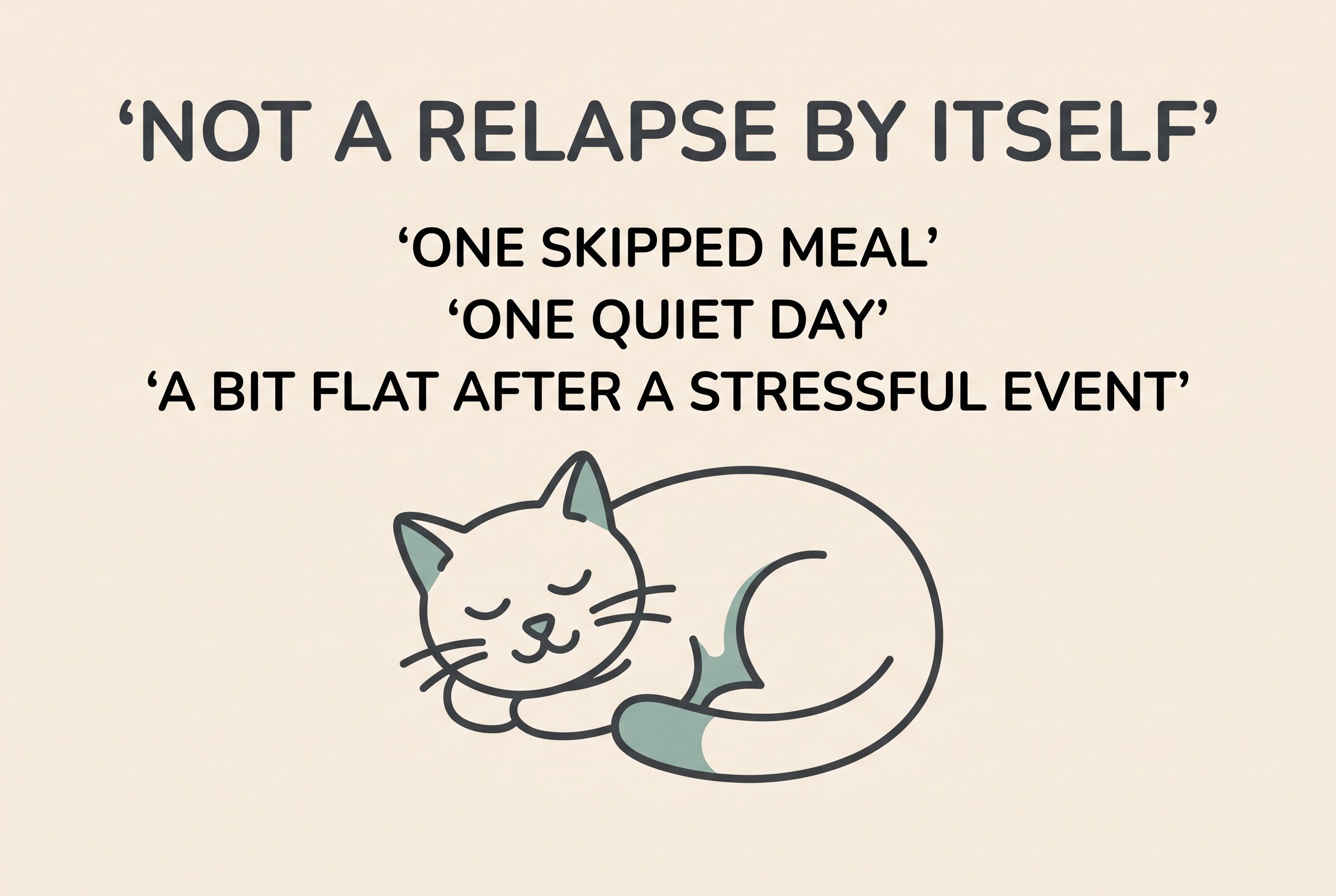Flat vector card on cream background in reassuring sage-teal, a calm resting cat icon under the heading "NOT A RELAPSE BY ITSELF", with three gentle rows "ONE SKIPPED MEAL", "ONE QUIET DAY", "A BIT FLAT AFTER A STRESSFUL EVENT"