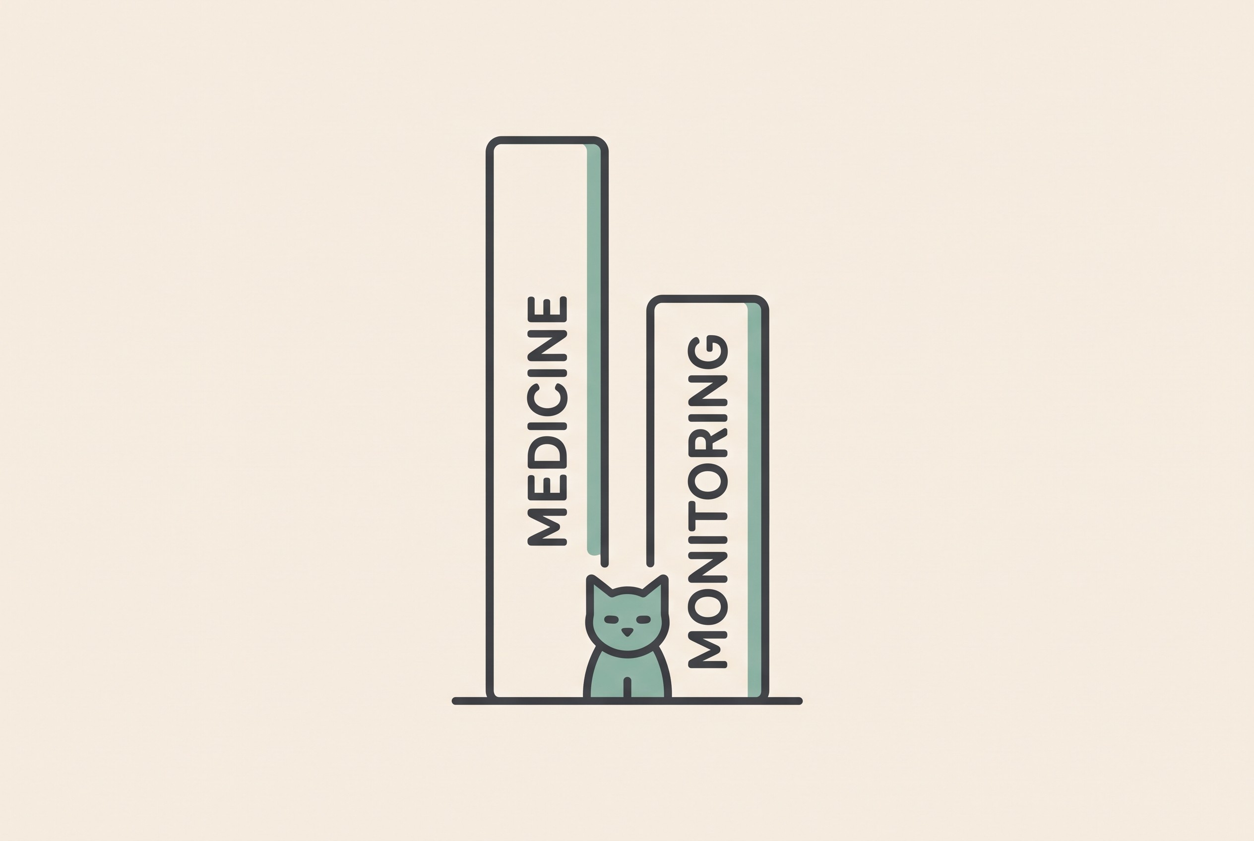 Two labelled cost bars side by side, one for the medicine and one for monitoring, shown as calm flat-vector line art on cream