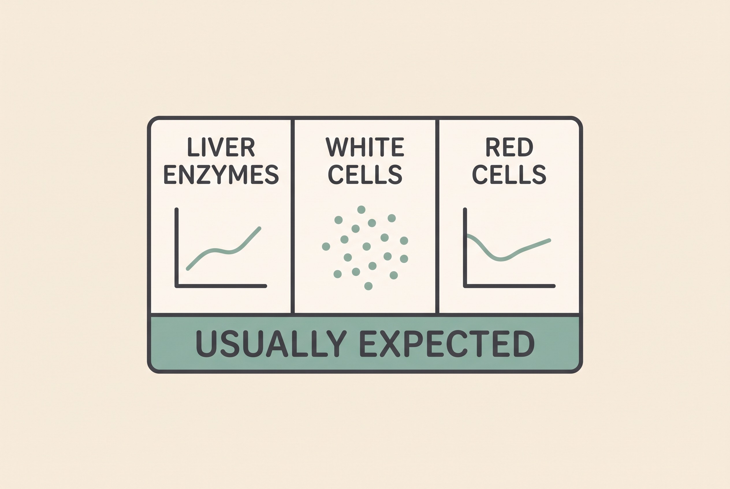 A simple three-column card on cream showing icons for a rising liver-enzyme line, a white-cell dot cluster and a slow-recovering red-cell drop, each labelled "USUALLY EXPECTED", in charcoal linework with sage-teal accents.