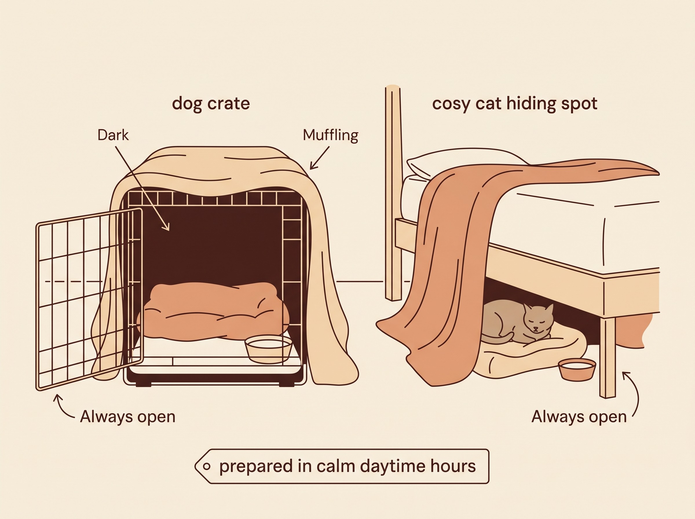 A flat illustration of a covered dog crate beside a cat's under-bed hiding spot, both prepared in advance with blankets and water, doors and exits left open.
