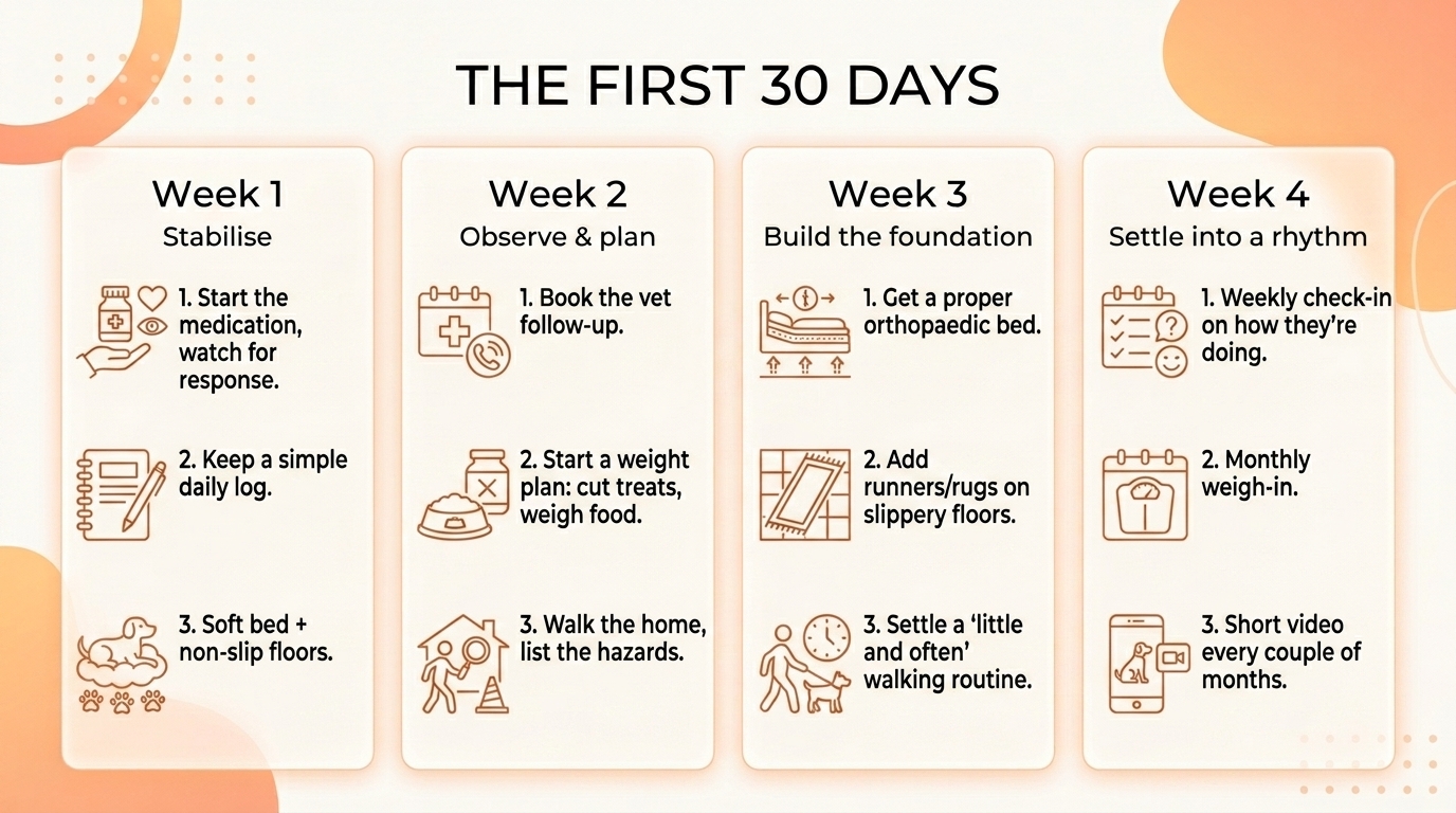 A four-column infographic of the first 30 days: Week 1 Stabilise, Week 2 Observe and plan, Week 3 Build the foundation, Week 4 Settle into a rhythm, each with a few key actions