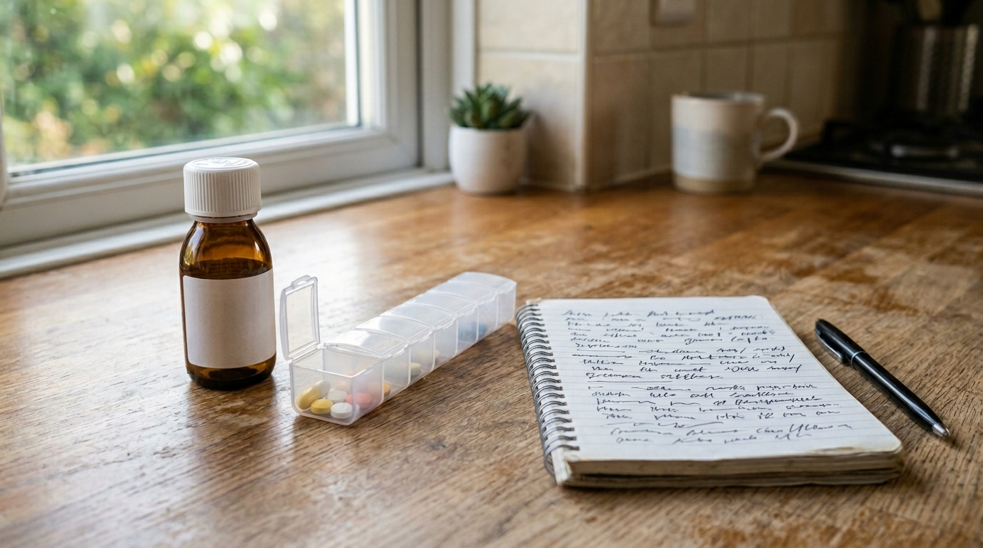 A small medication bottle beside a daily pill organiser on a kitchen counter, a notebook of observations next to it, soft morning light