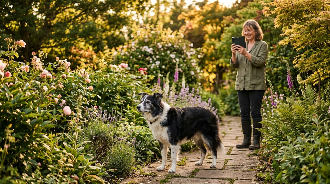 A senior Border Collie standing in a garden being watched by an owner from a short distance, the owner raising a phone to film the dog, late afternoon light