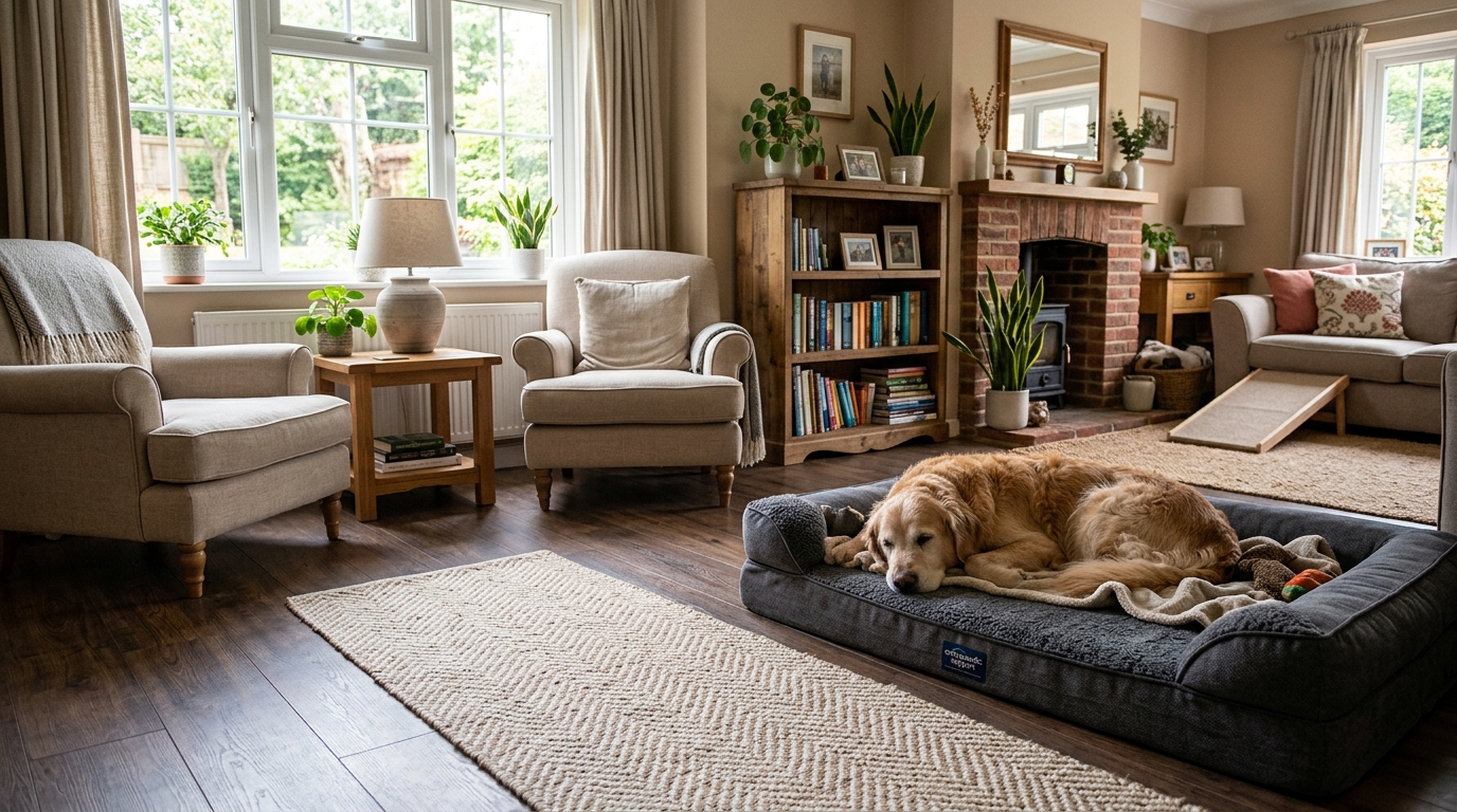 A warm living room with a large orthopaedic dog bed in the foreground and a runner rug along the floor, a senior dog lying comfortably on the bed, natural daylight